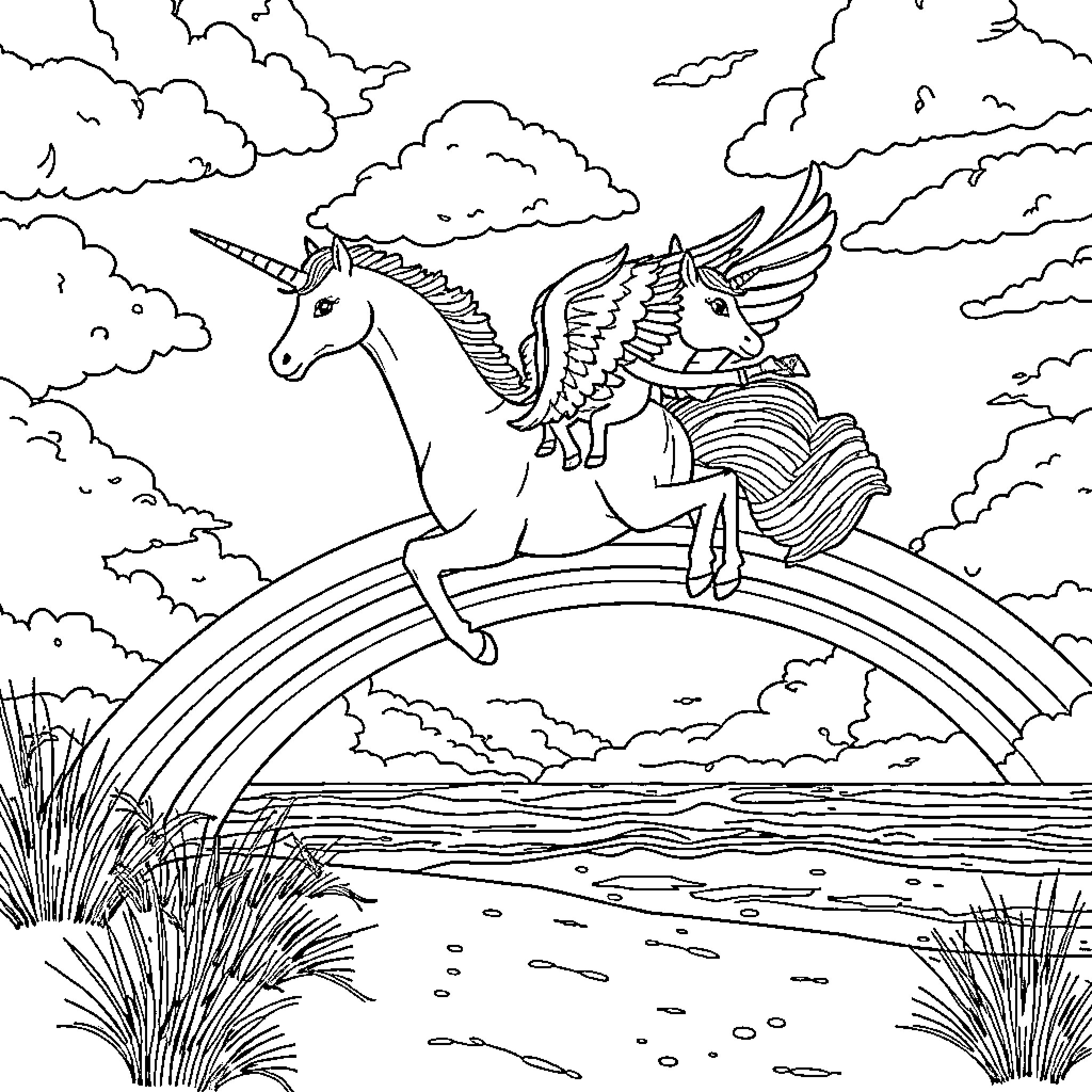 Pegasus soaring gracefully over a majestic landscape Coloring Page (free black-and-white line drawing printable PDF for all, from beginners to advanced learners, including children, teens, adults, and seniors)