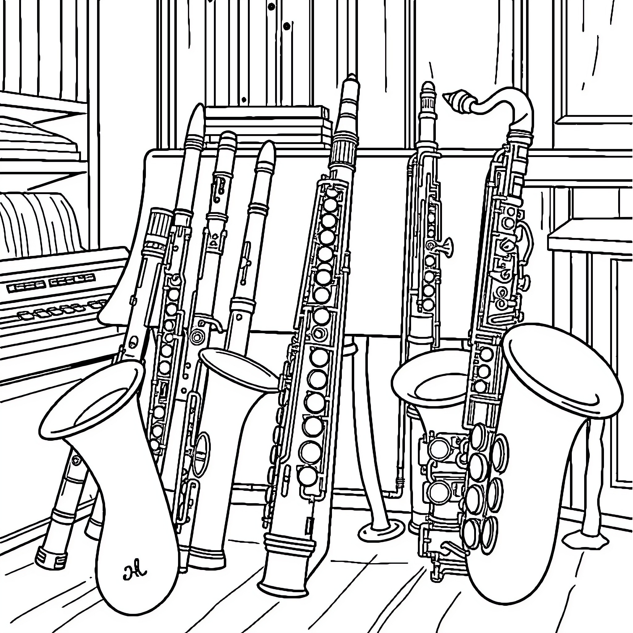 Woodwind Instrument Ensemble in the Rehearsal Room Coloring Page (free black-and-white line drawing printable PDF for all, from beginners to advanced learners, including children, teens, adults, and seniors)
