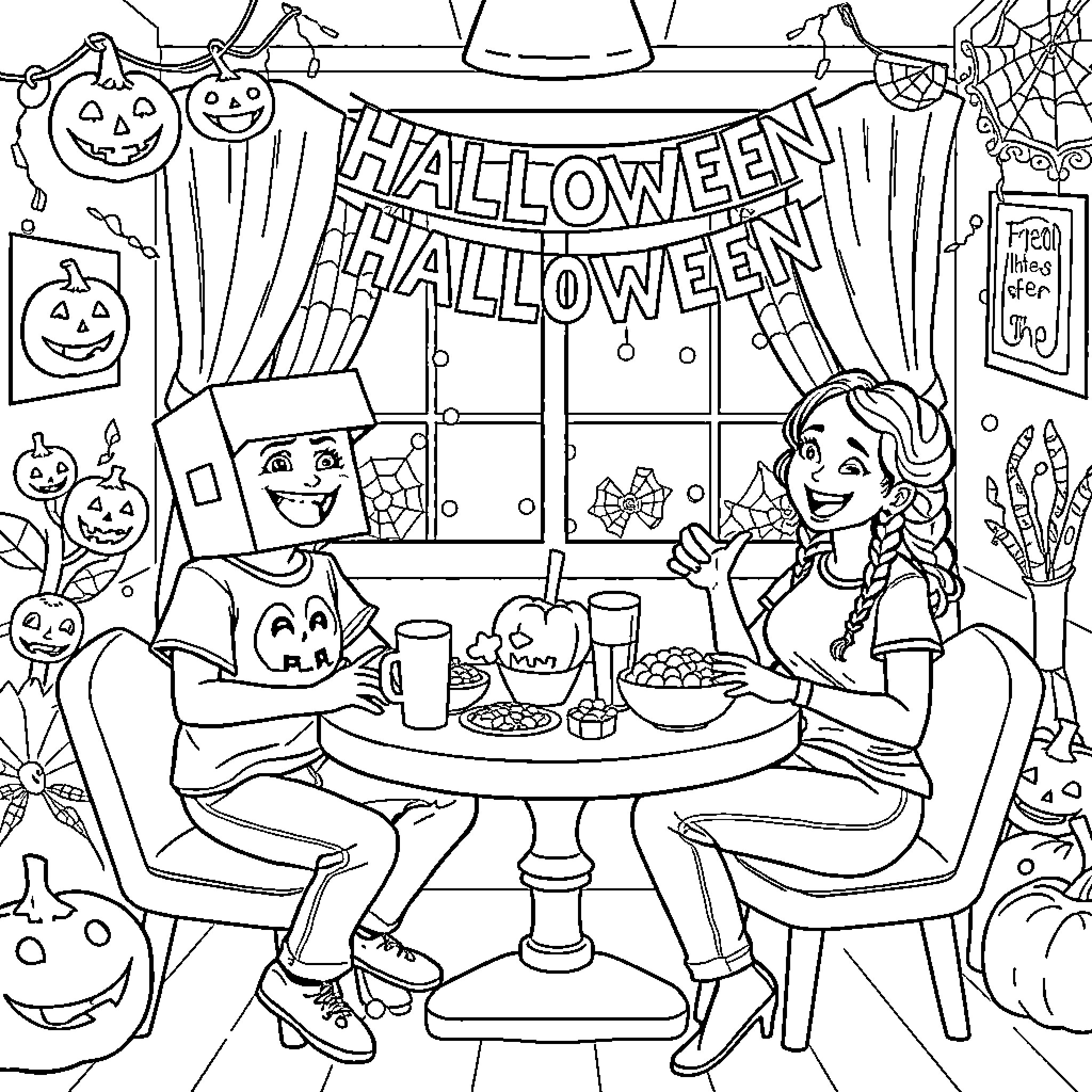 Friends Celebrating a Festive Halloween Together Coloring Page (free black-and-white line drawing printable PDF for all, from beginners to advanced learners, including children, teens, adults, and seniors)
