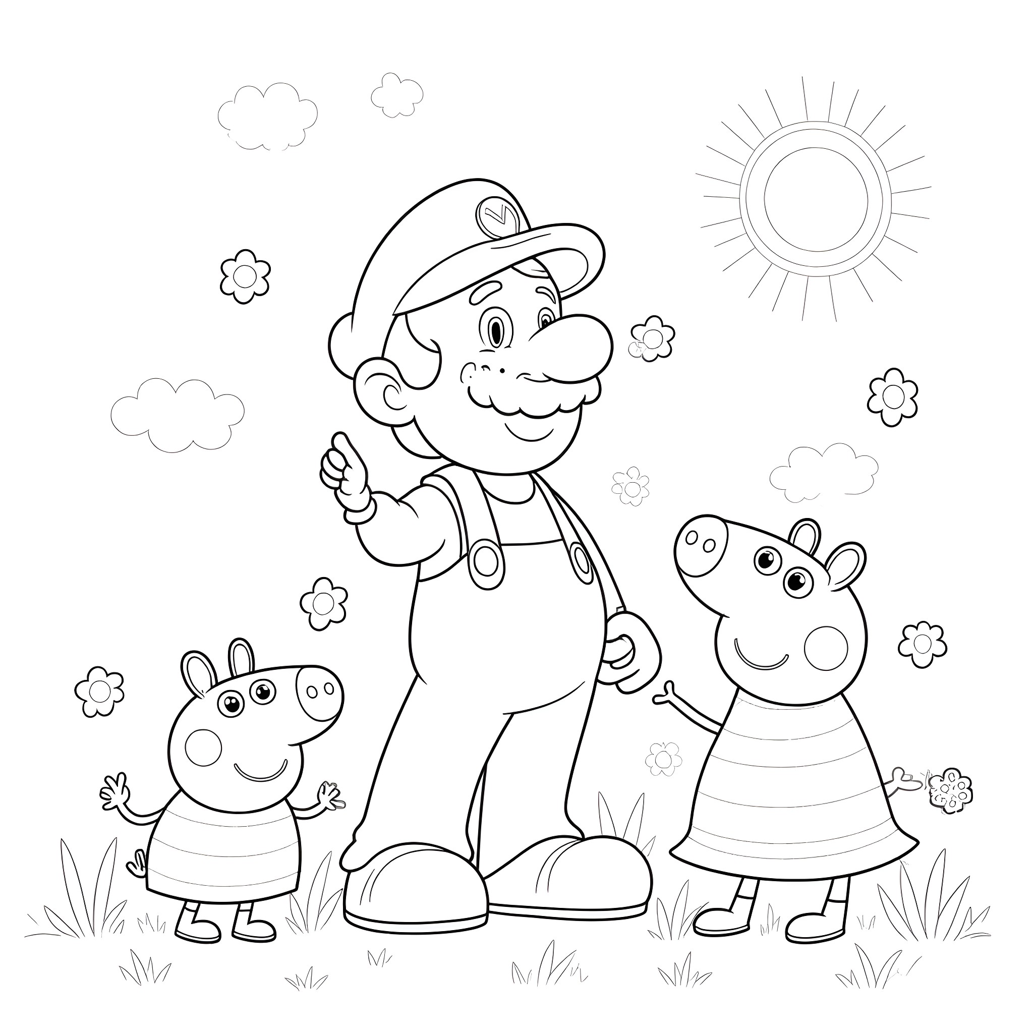 Mario with Peppa and George in a cheerful outdoor scene Coloring Page (free black-and-white line drawing printable PDF for all, from beginners to advanced learners, including children, teens, adults, and seniors)