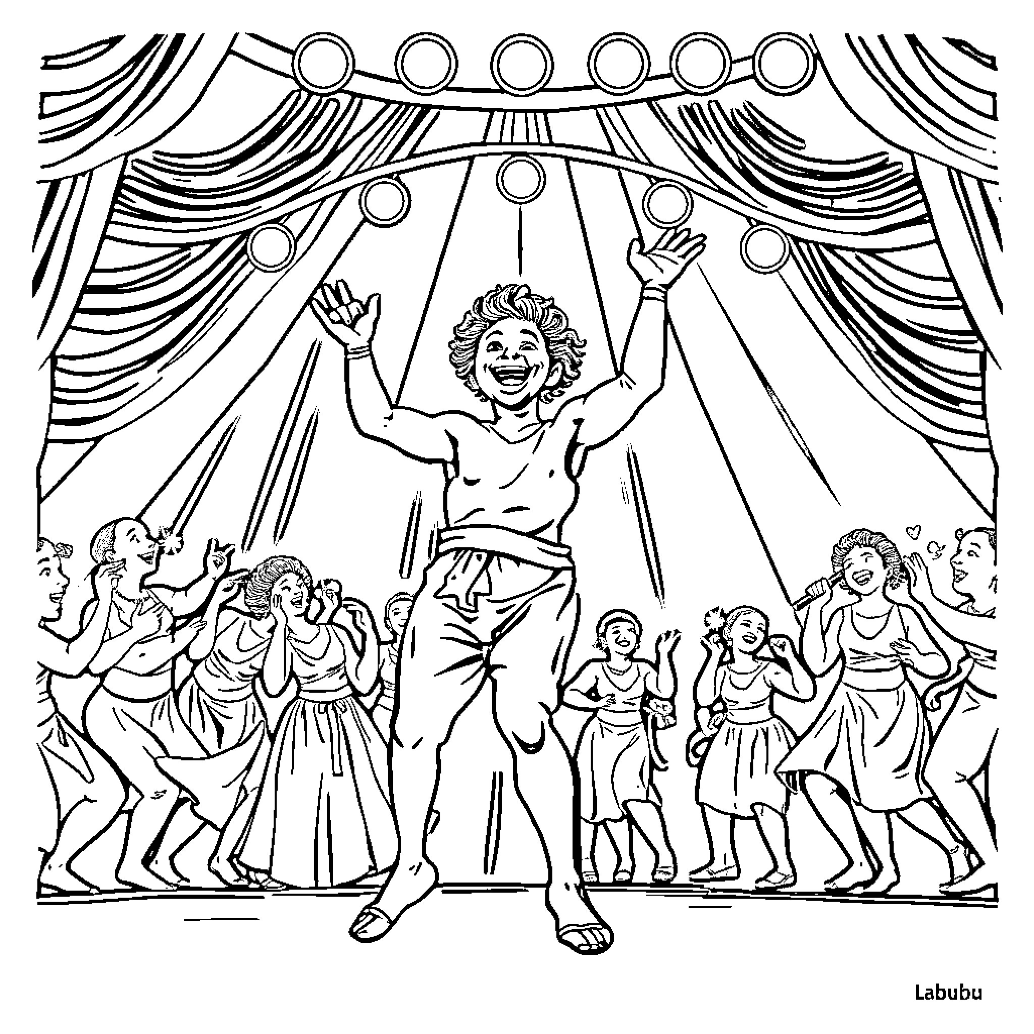 Labubu joyously performing on a stage Coloring Page (free black-and-white line drawing printable PDF for all, from beginners to advanced learners, including children, teens, adults, and seniors)