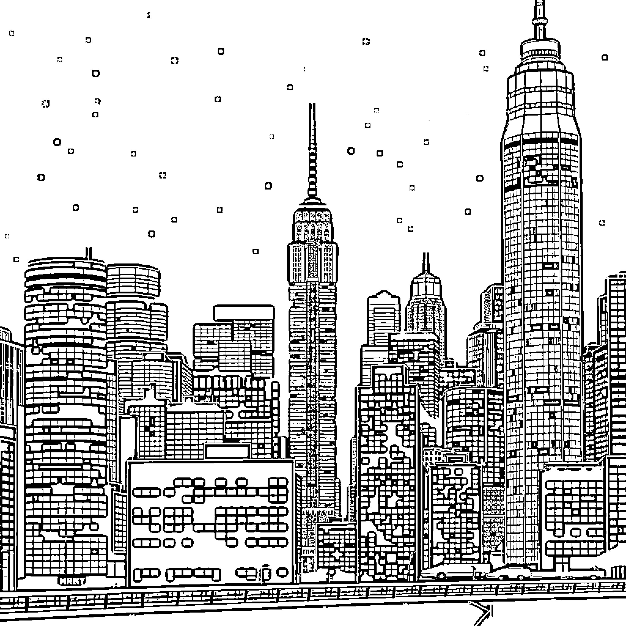 Skyline of a bustling city with iconic skyscrapers Coloring Page (free black-and-white line drawing printable PDF for all, from beginners to advanced learners, including children, teens, adults, and seniors)