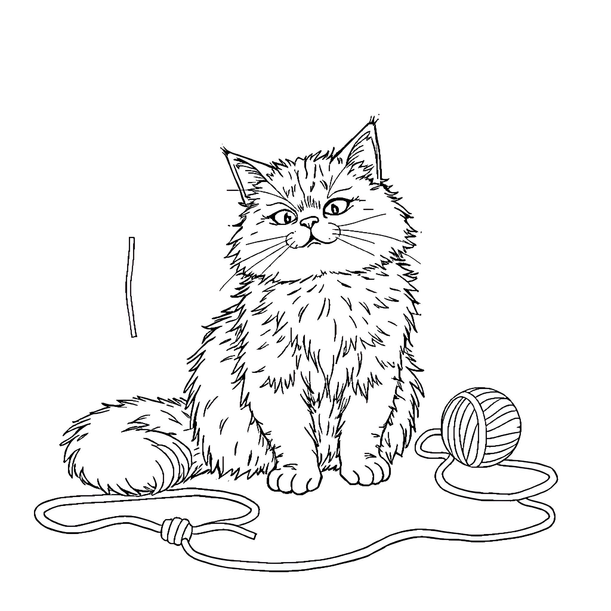 Cat with Toys and Yarn in Playful Scene Coloring Page (free black-and-white line drawing printable PDF for all, from beginners to advanced learners, including children, teens, adults, and seniors)