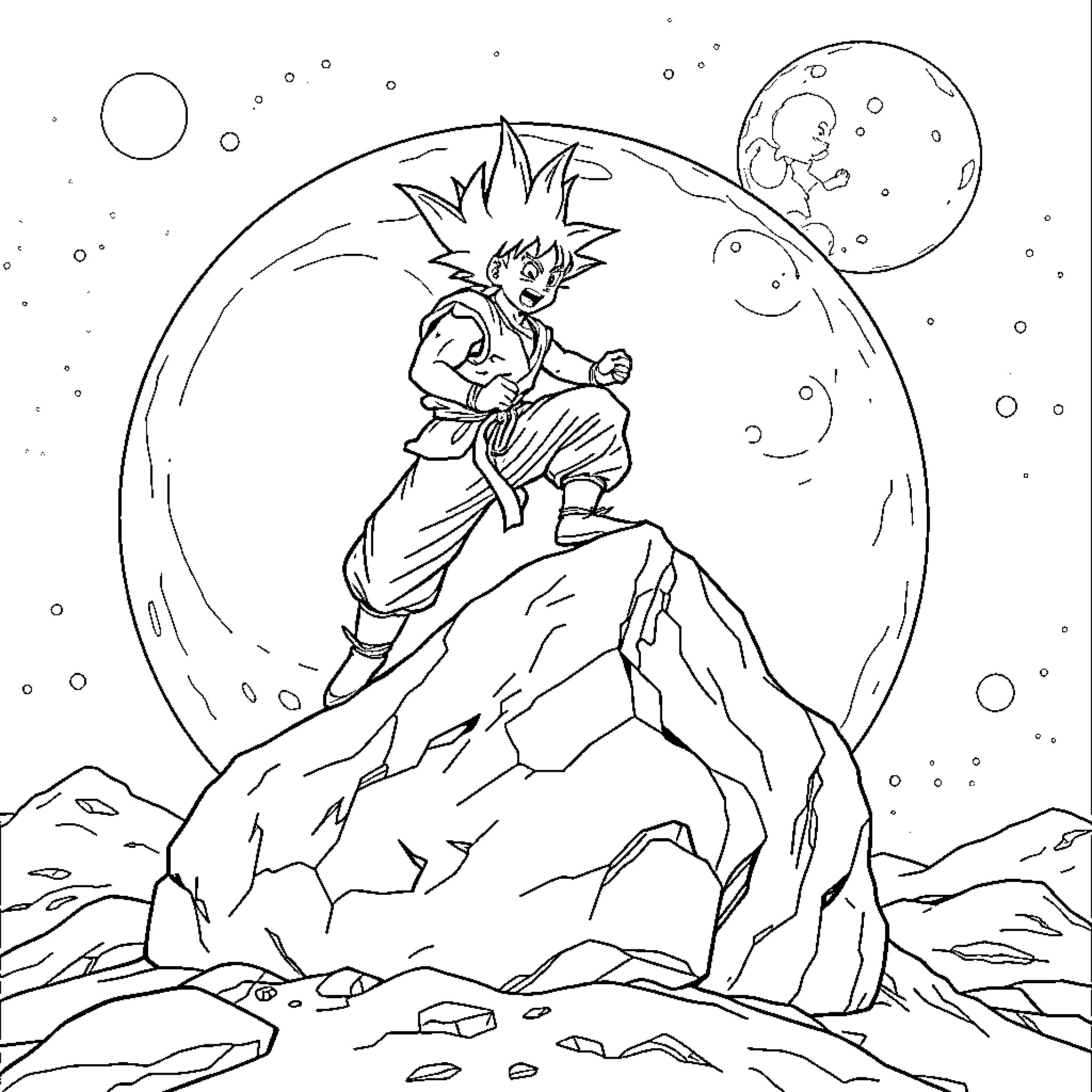 Goku's epic pose on a rocky cliff under the night sky Coloring Page (free black-and-white line drawing printable PDF for all, from beginners to advanced learners, including children, teens, adults, and seniors)