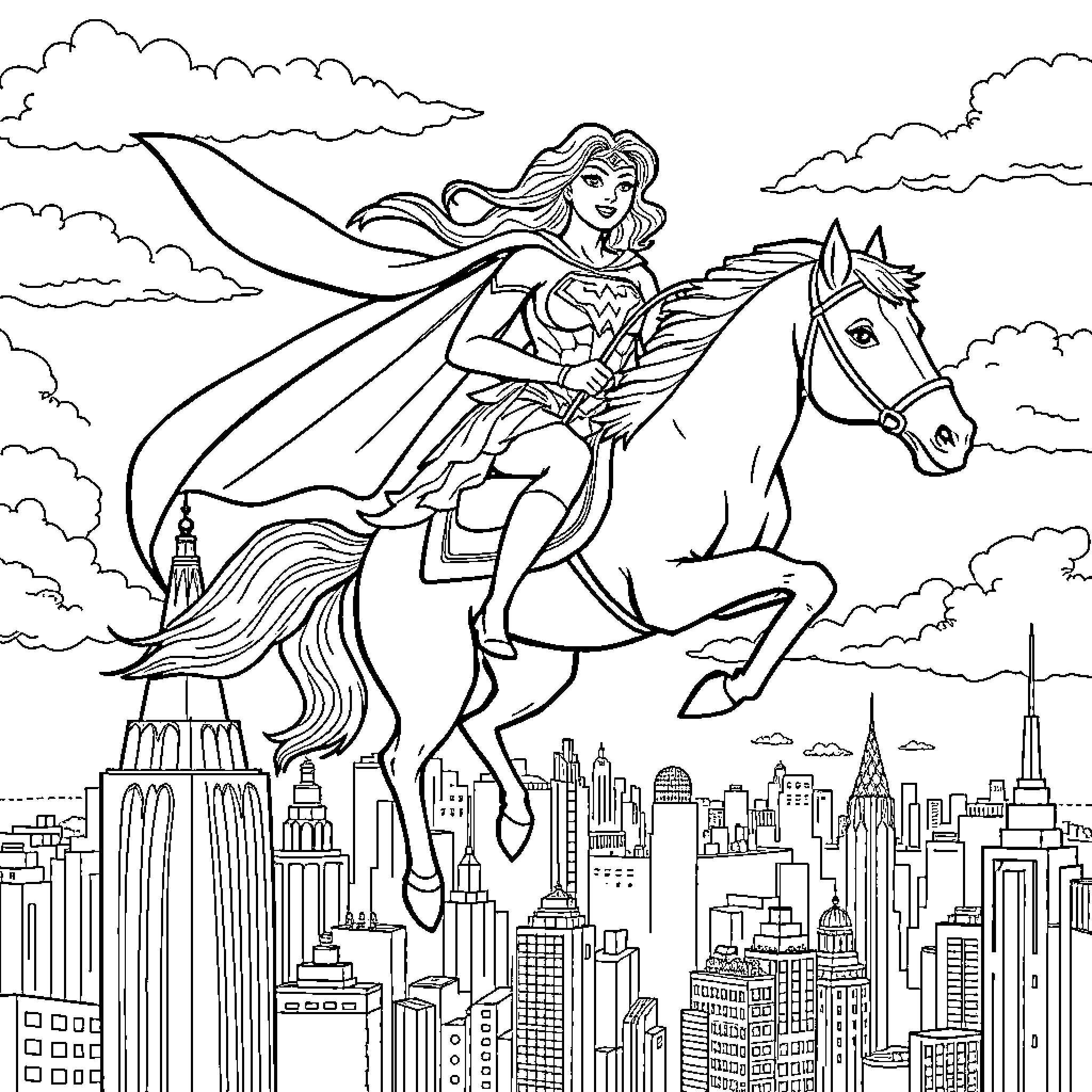 Super Woman riding a horse over the city skyline Coloring Page (free black-and-white line drawing printable PDF for all, from beginners to advanced learners, including children, teens, adults, and seniors)