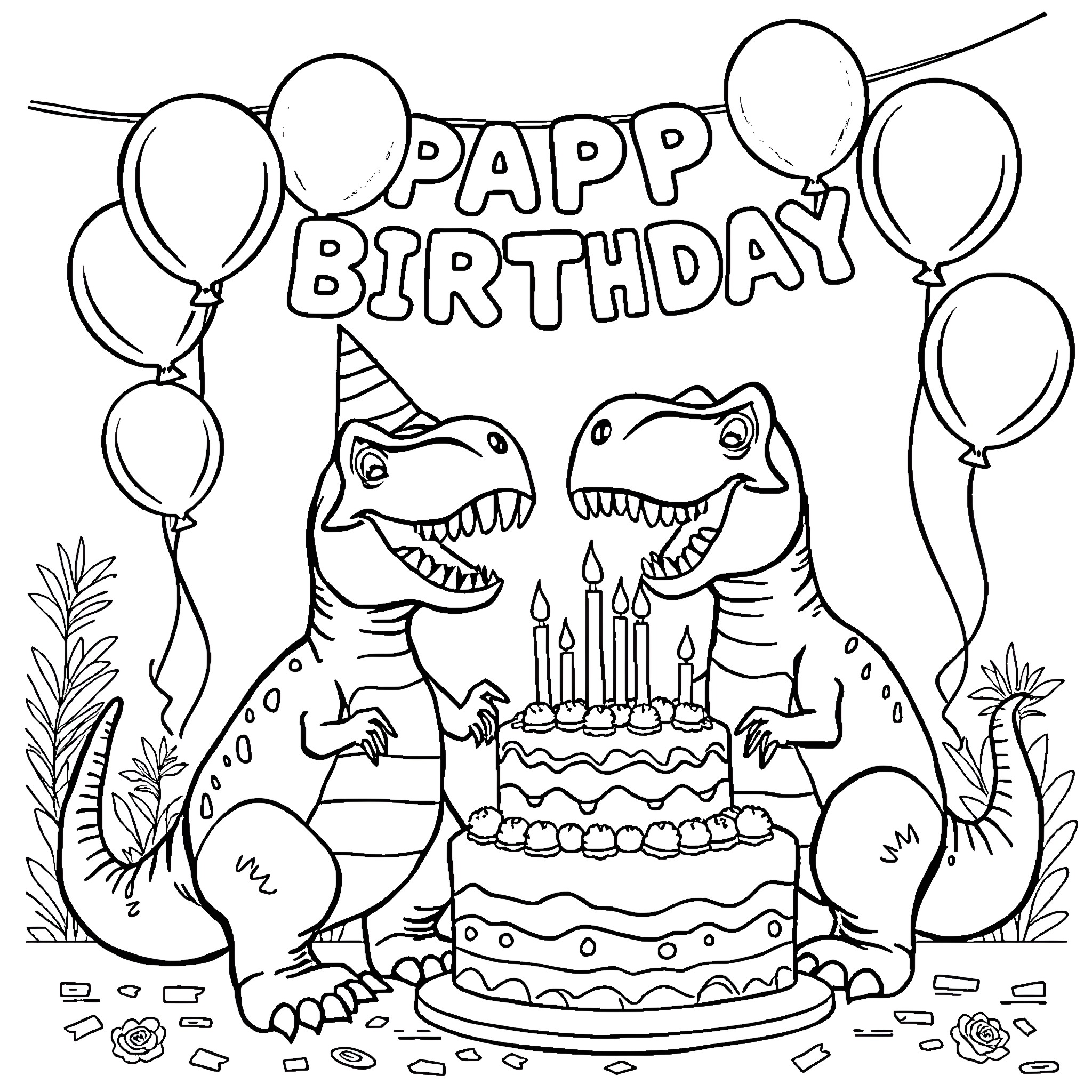 T-Rex celebrating happy birthday with cake and balloons Coloring Page (free black-and-white line drawing printable PDF for all, from beginners to advanced learners, including children, teens, adults, and seniors)