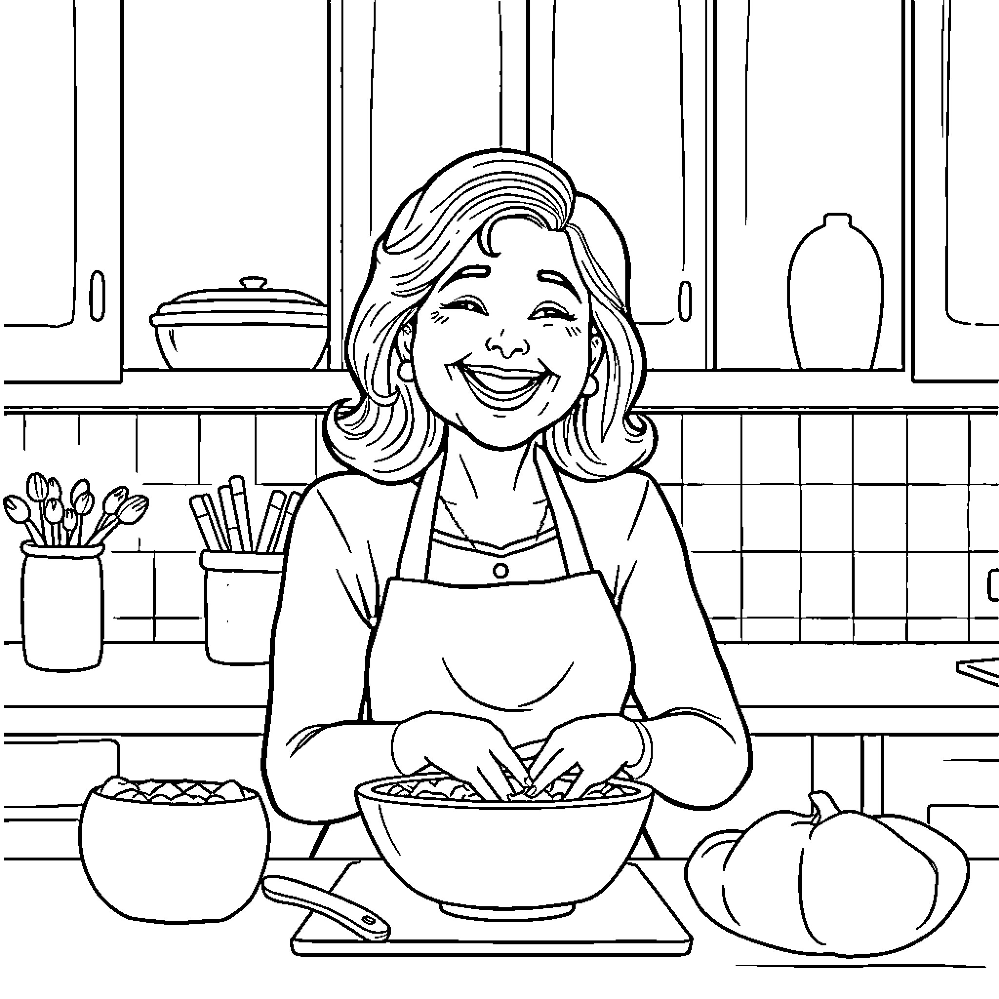 Mom happily cooking in the kitchen Coloring Page (free black-and-white line drawing printable PDF for all, from beginners to advanced learners, including children, teens, adults, and seniors)