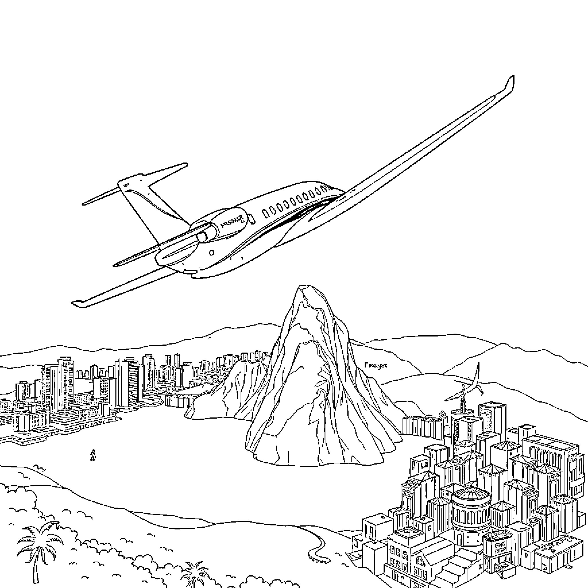 Embraer Praetor flying over a mountainous city landscape Coloring Page (free black-and-white line drawing printable PDF for all, from beginners to advanced learners, including children, teens, adults, and seniors)