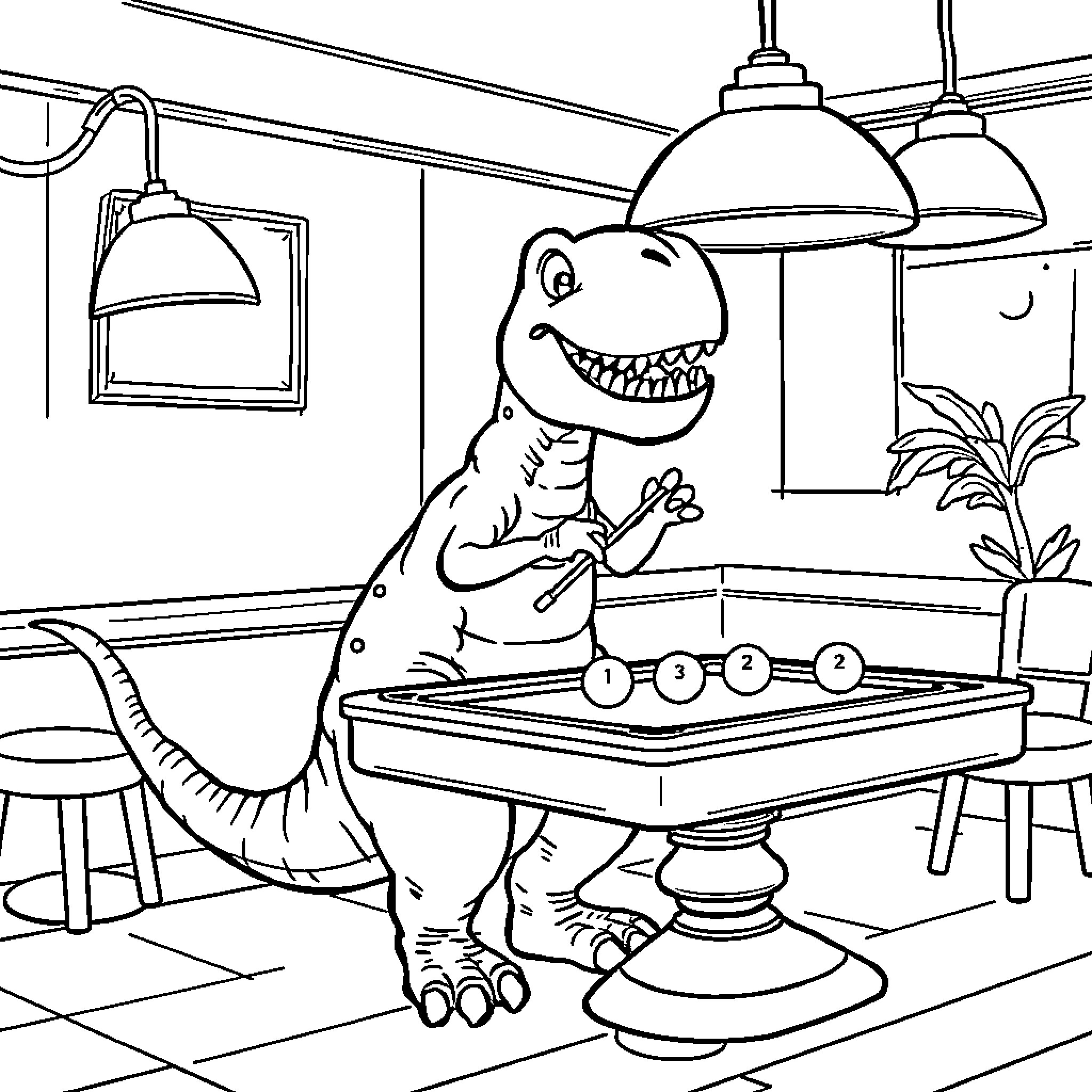 Dinosaur cooking happily in the kitchen Coloring Page (free black-and-white line drawing printable PDF for all, from beginners to advanced learners, including children, teens, adults, and seniors)
