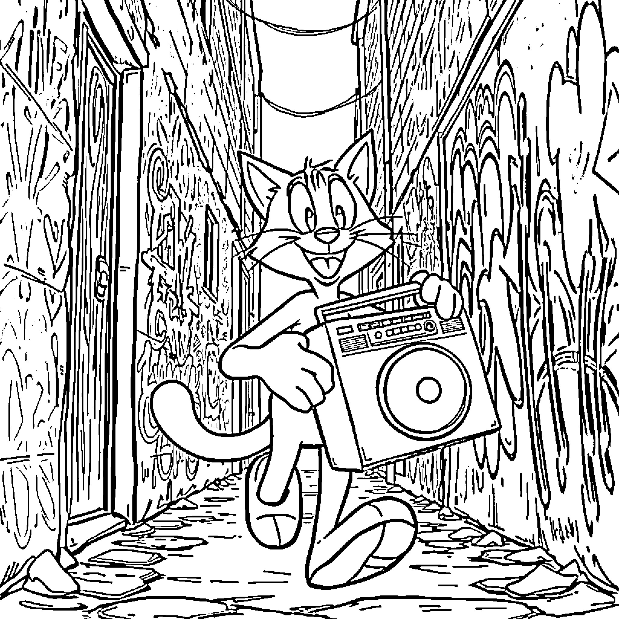 Felix's Musical Adventure in the Forest Coloring Page (free black-and-white line drawing printable PDF for all, from beginners to advanced learners, including children, teens, adults, and seniors)