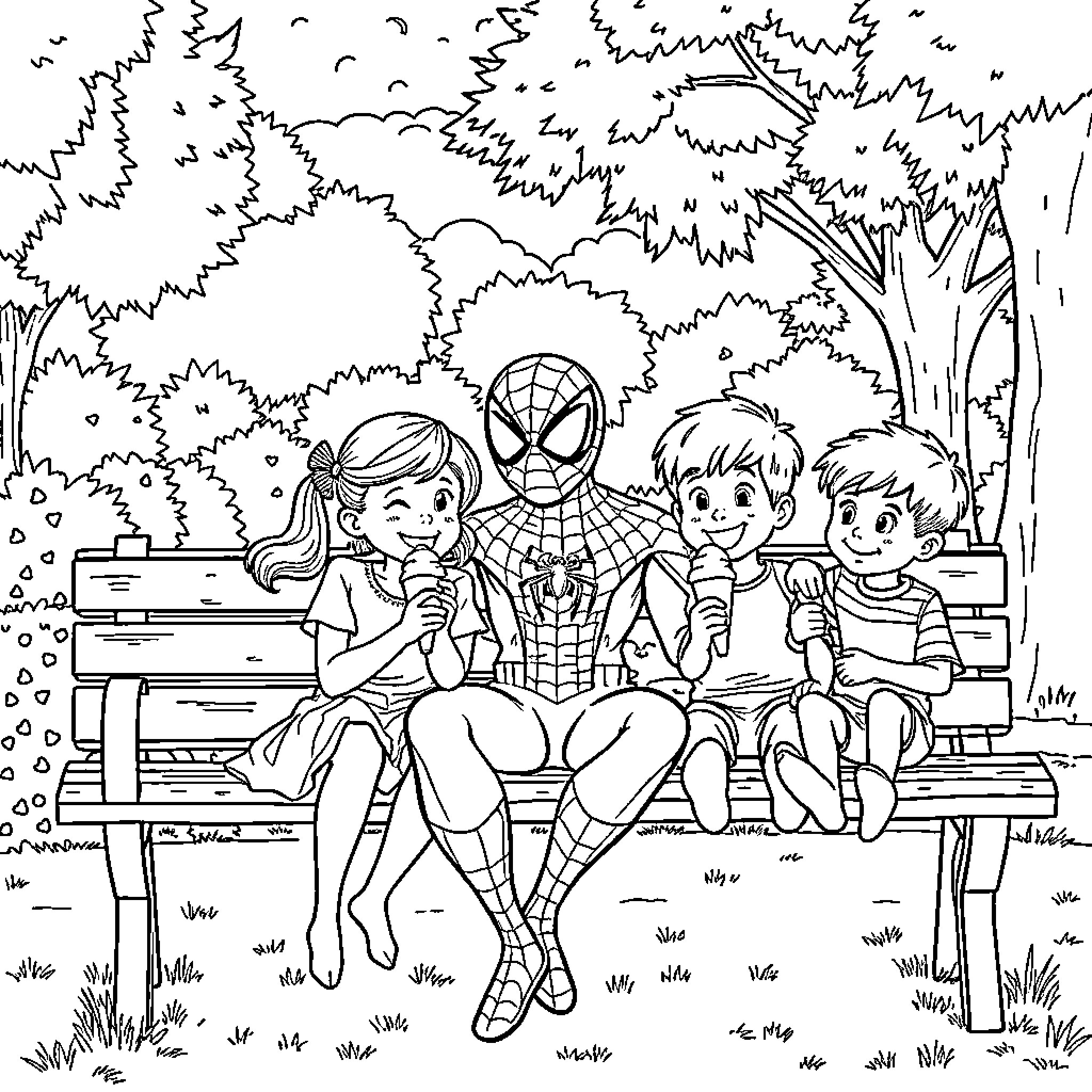 Spider-Man Enjoying a Casual Outing with Friends Coloring Page (free black-and-white line drawing printable PDF for all, from beginners to advanced learners, including children, teens, adults, and seniors)