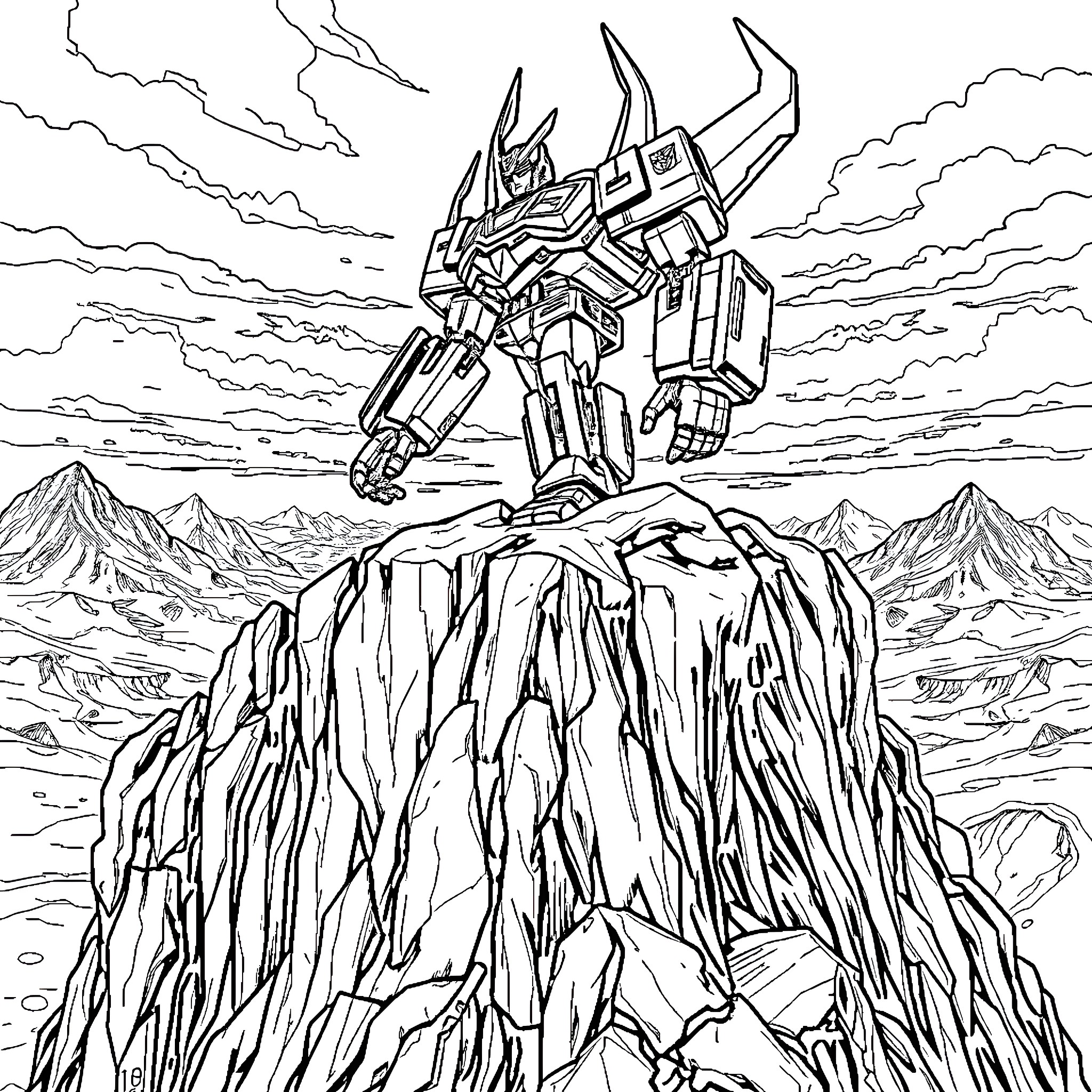 Megatron, the Mighty Robotic Overlord, Surveying the Rugged Landscape Coloring Page (free black-and-white line drawing printable PDF for all, from beginners to advanced learners, including children, teens, adults, and seniors)