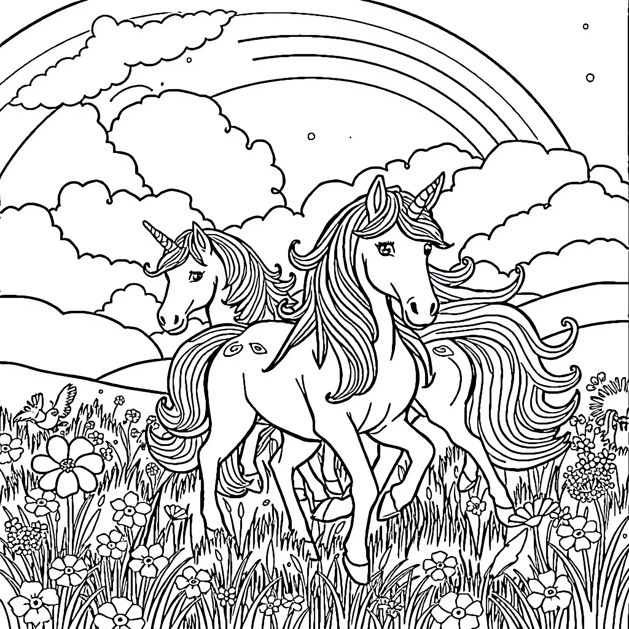 Unicorn Pair Galloping Through Enchanted Meadow Coloring Page (free black-and-white line drawing printable PDF for all, from beginners to advanced learners, including children, teens, adults, and seniors)
