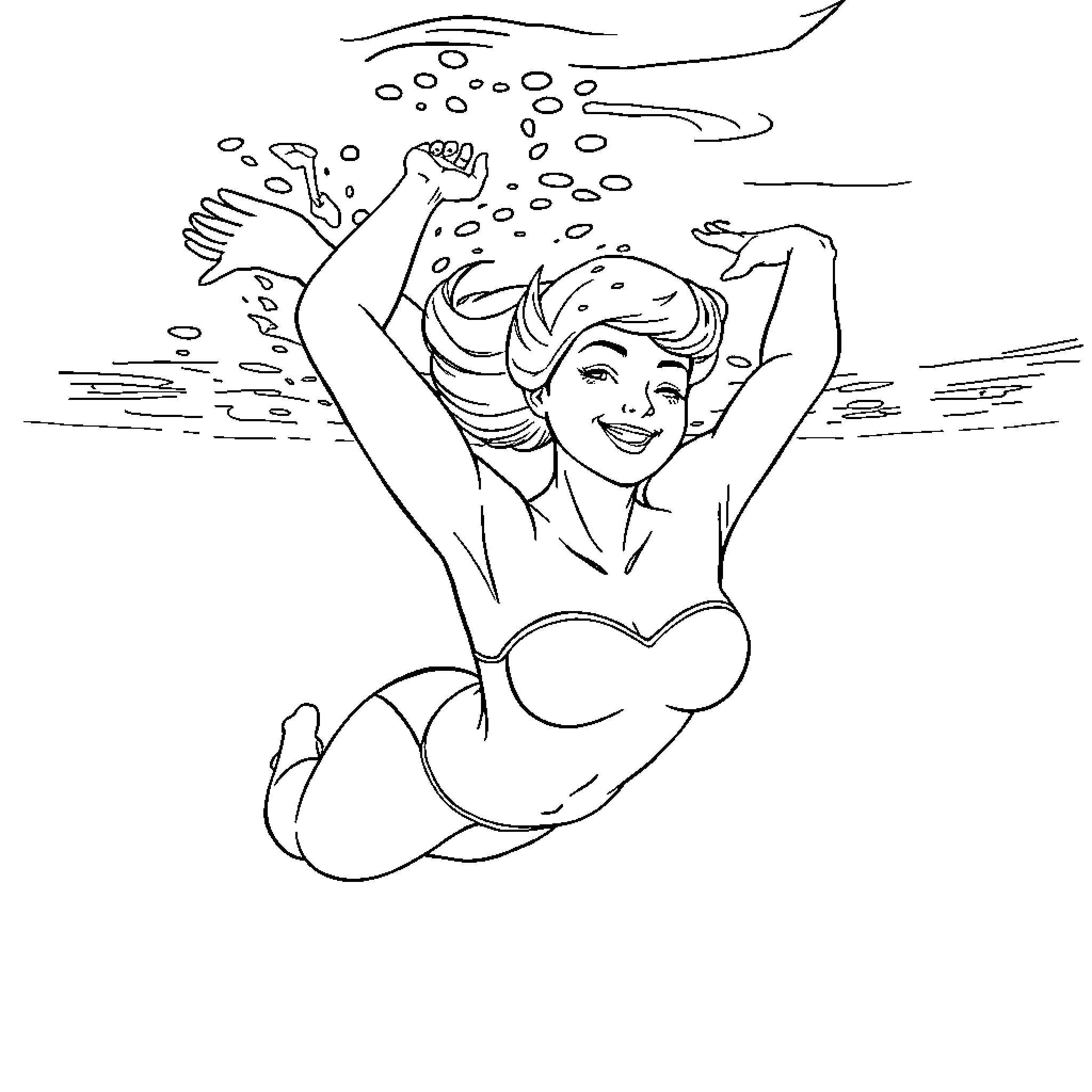 Girl joyfully swimming in the ocean Coloring Page (free black-and-white line drawing printable PDF for all, from beginners to advanced learners, including children, teens, adults, and seniors)