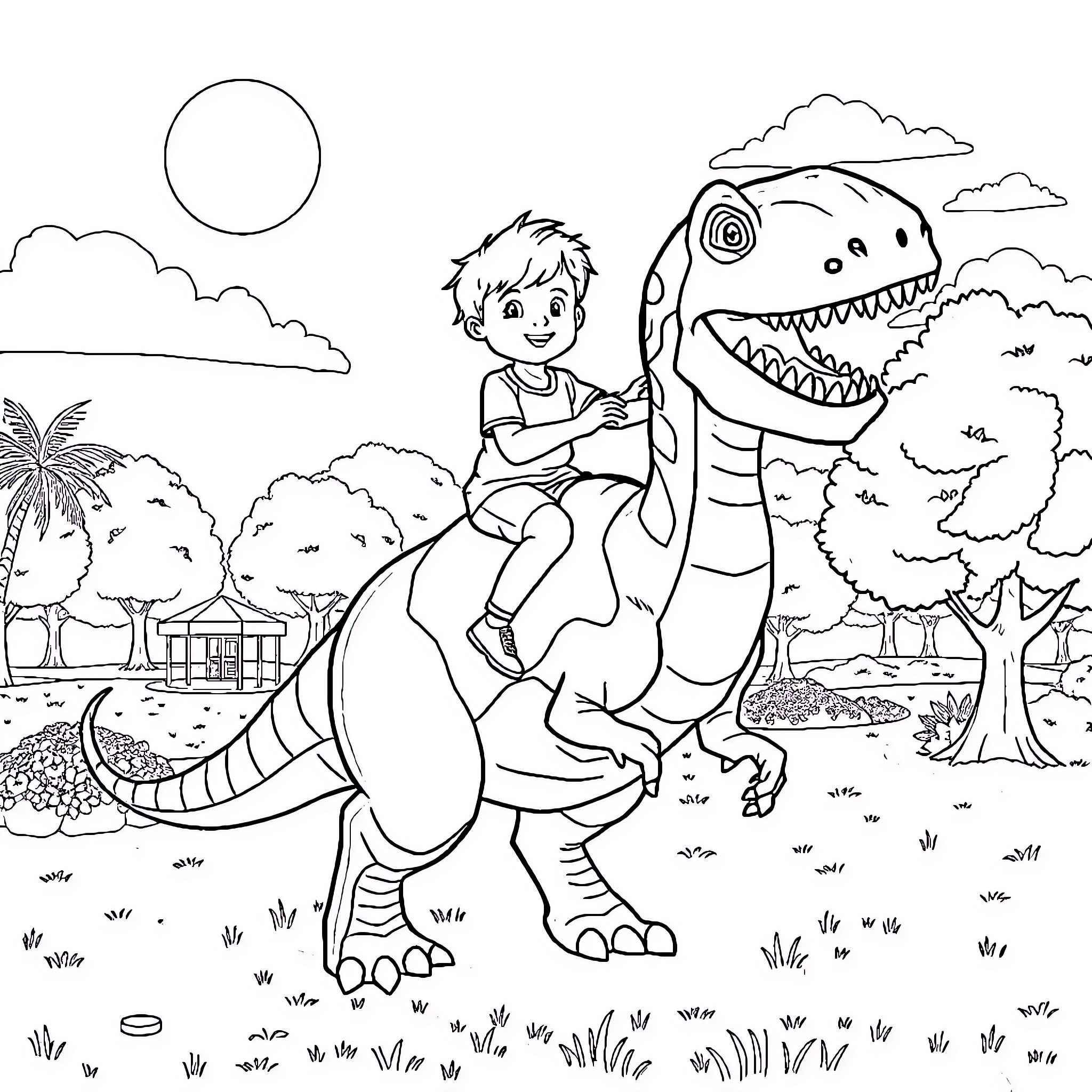 Boy exploring the wilderness with a dinosaur Coloring Page (free black-and-white line drawing printable PDF for all, from beginners to advanced learners, including children, teens, adults, and seniors)