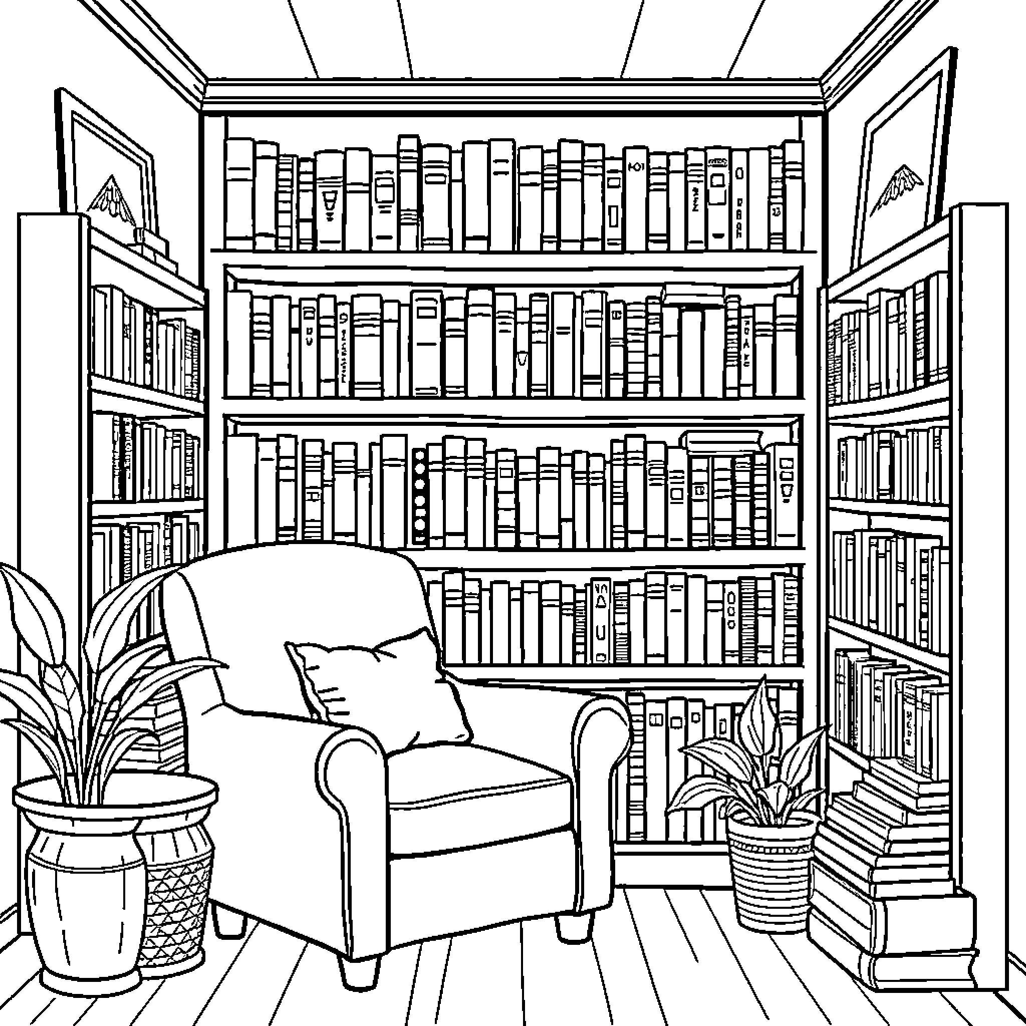 Nook's Cozy Reading Nook Coloring Page (free black-and-white line drawing printable PDF for all, from beginners to advanced learners, including children, teens, adults, and seniors)