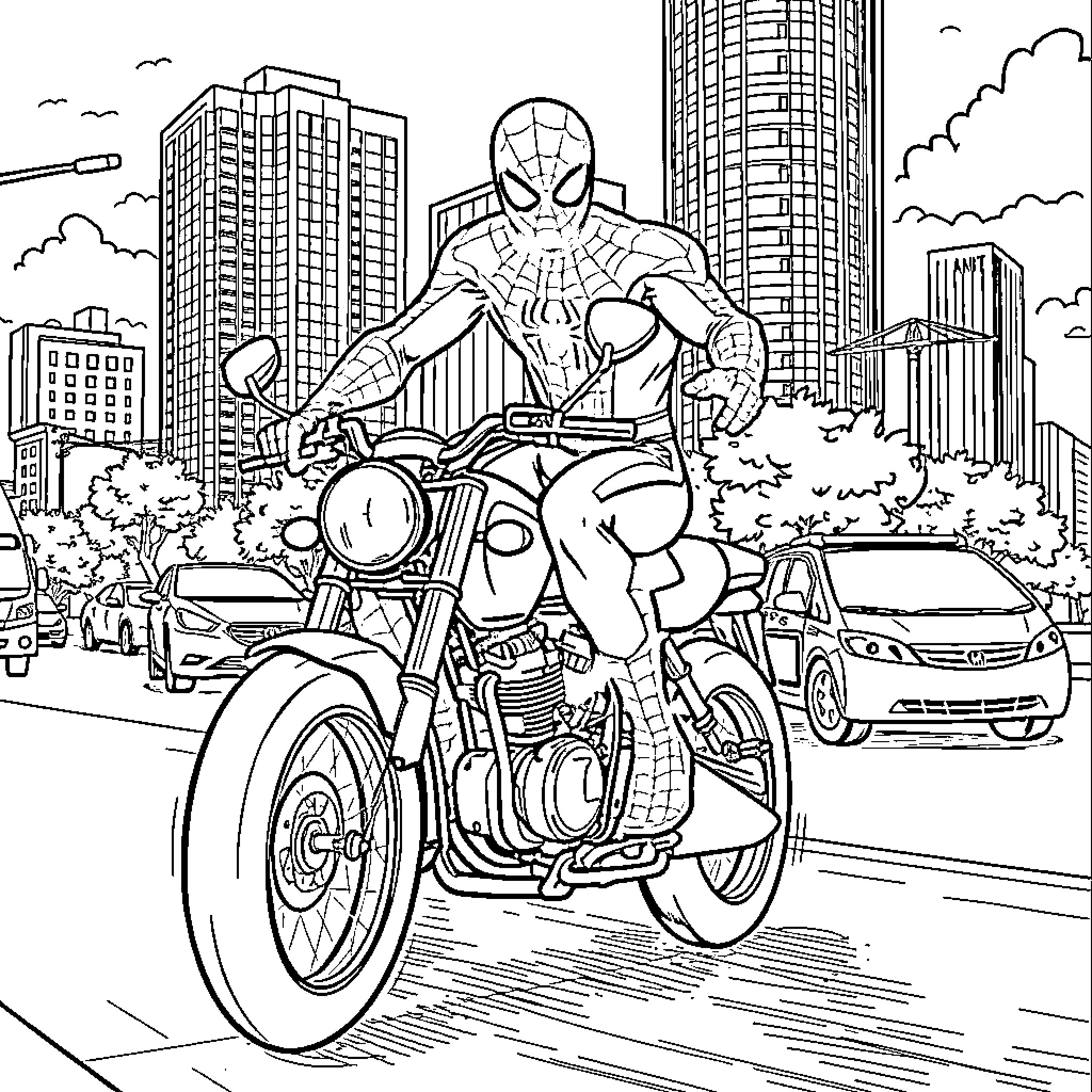 Spider-Man riding motorcycle through city streets Coloring Page (free black-and-white line drawing printable PDF for all, from beginners to advanced learners, including children, teens, adults, and seniors)