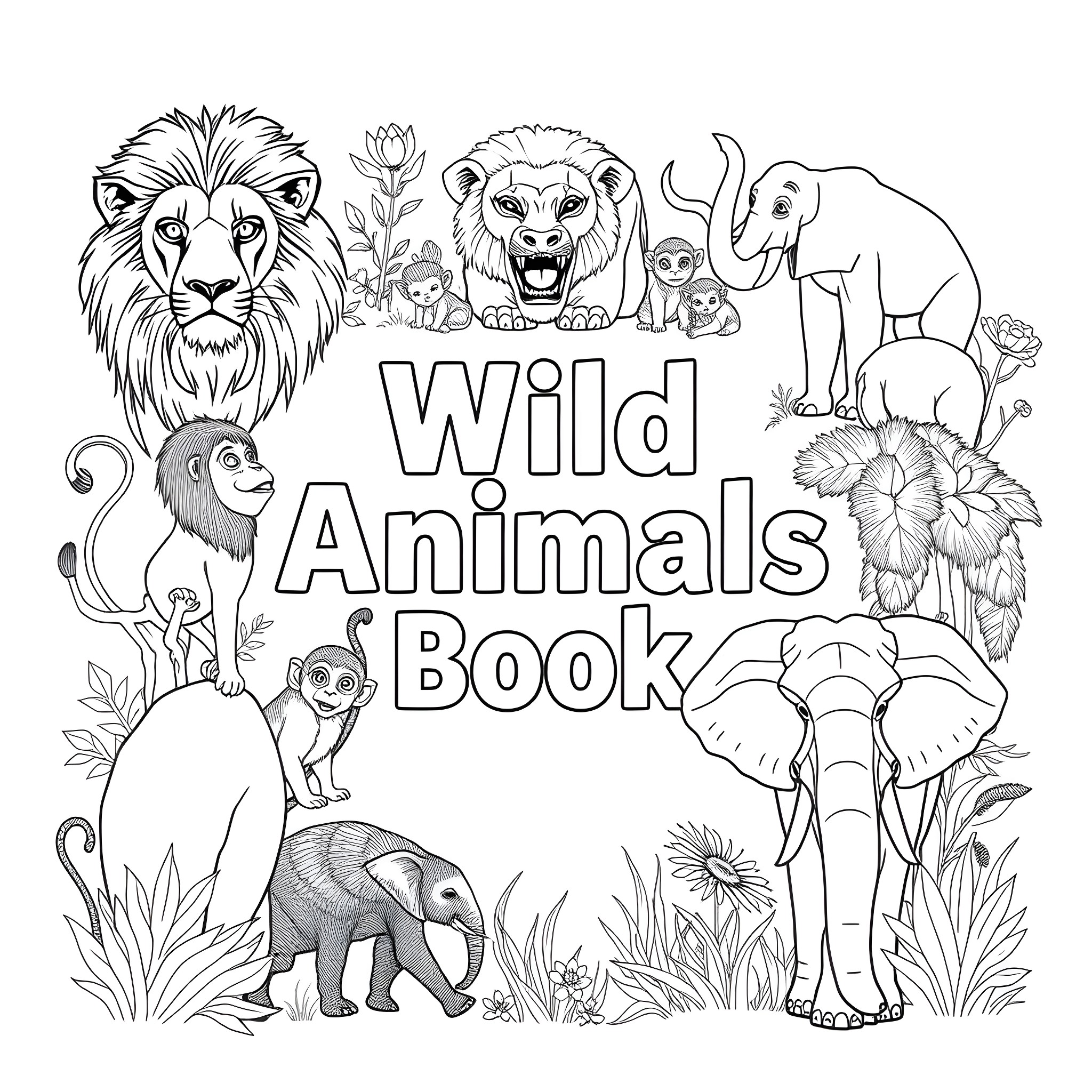 Wild Animals in Colorful Landscape Coloring Page (free black-and-white line drawing printable PDF for all, from beginners to advanced learners, including children, teens, adults, and seniors)