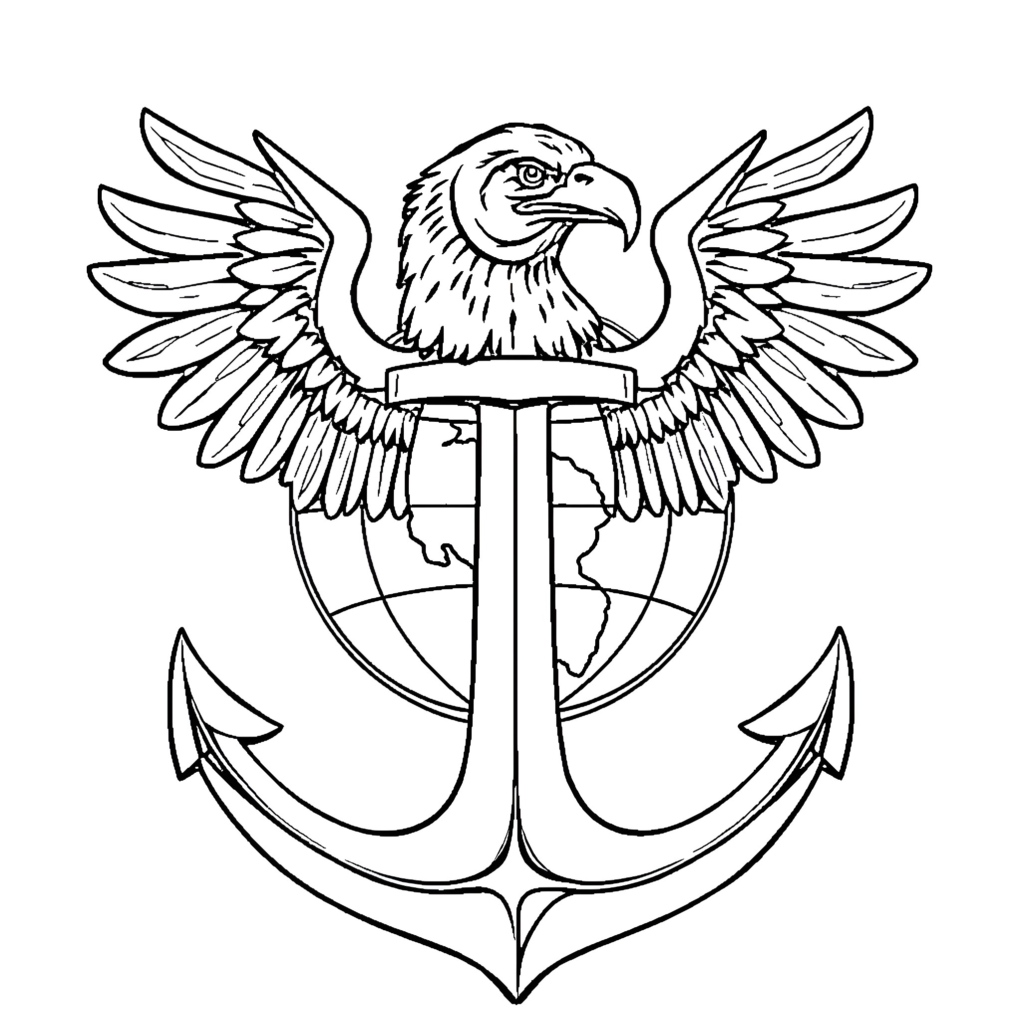Eagle soaring with anchor and globe emblem Coloring Page (free black-and-white line drawing printable PDF for all, from beginners to advanced learners, including children, teens, adults, and seniors)