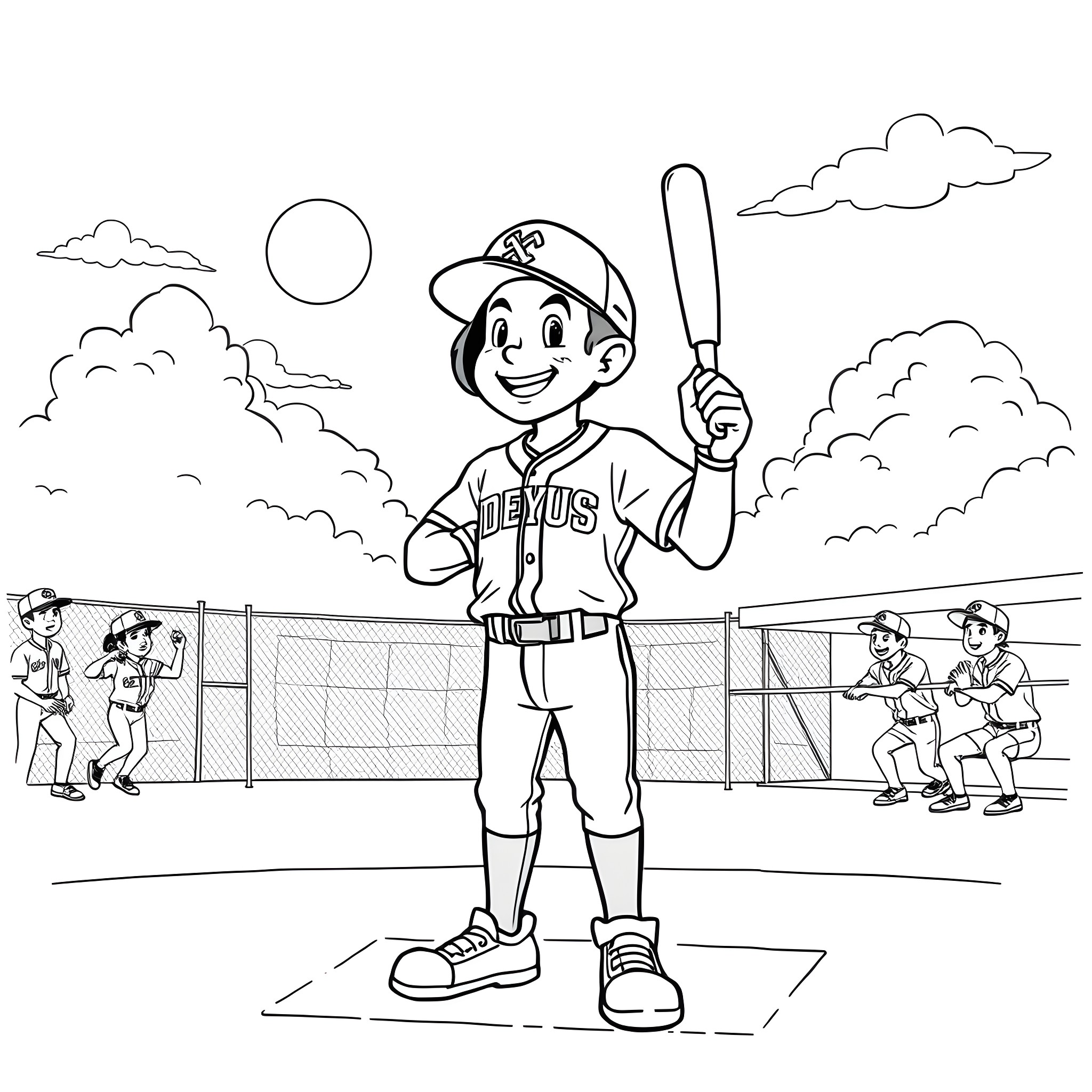 Gojo playing baseball on the field Coloring Page (free black-and-white line drawing printable PDF for all, from beginners to advanced learners, including children, teens, adults, and seniors)