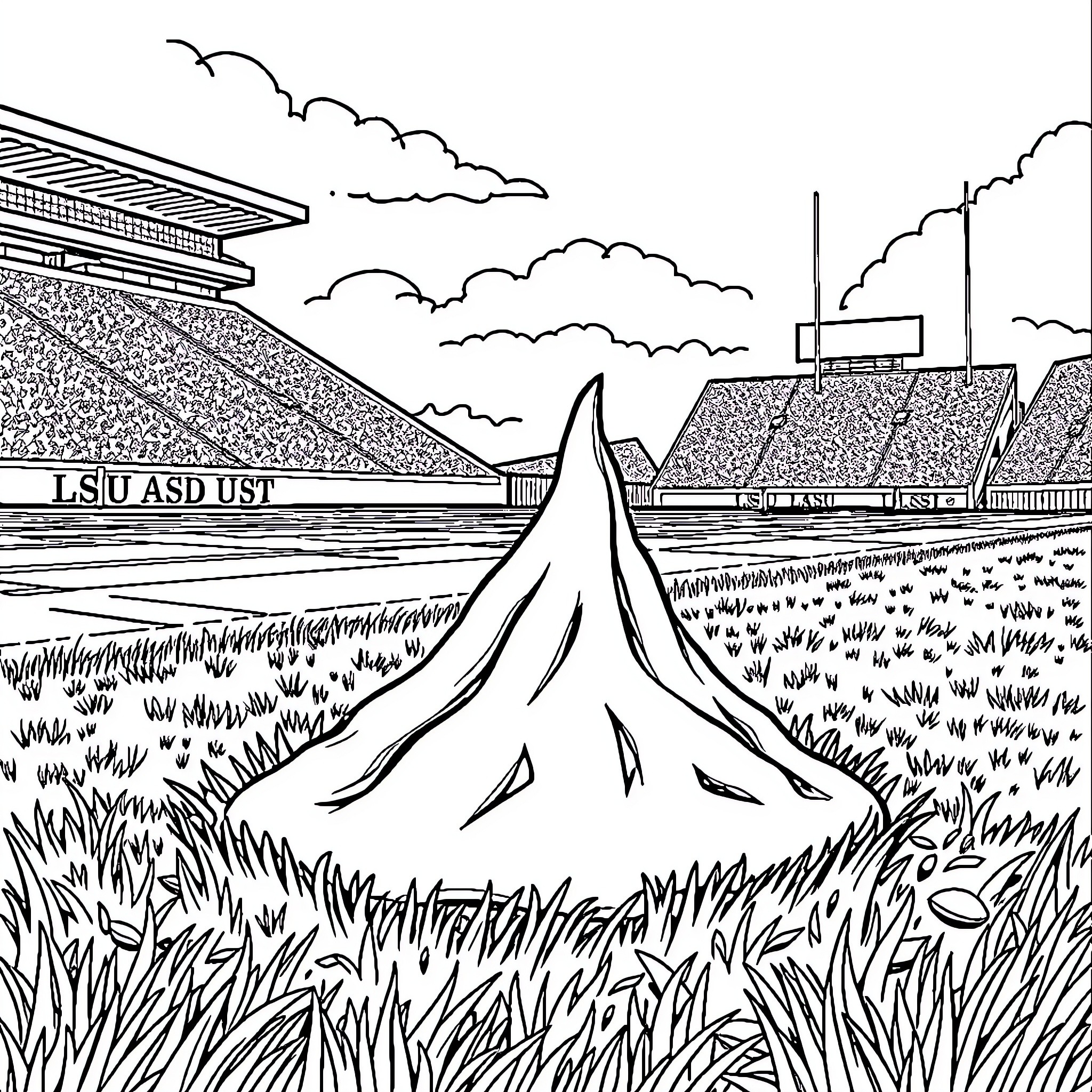 Poop on the field near the stadium Coloring Page (free black-and-white line drawing printable PDF for all, from beginners to advanced learners, including children, teens, adults, and seniors)