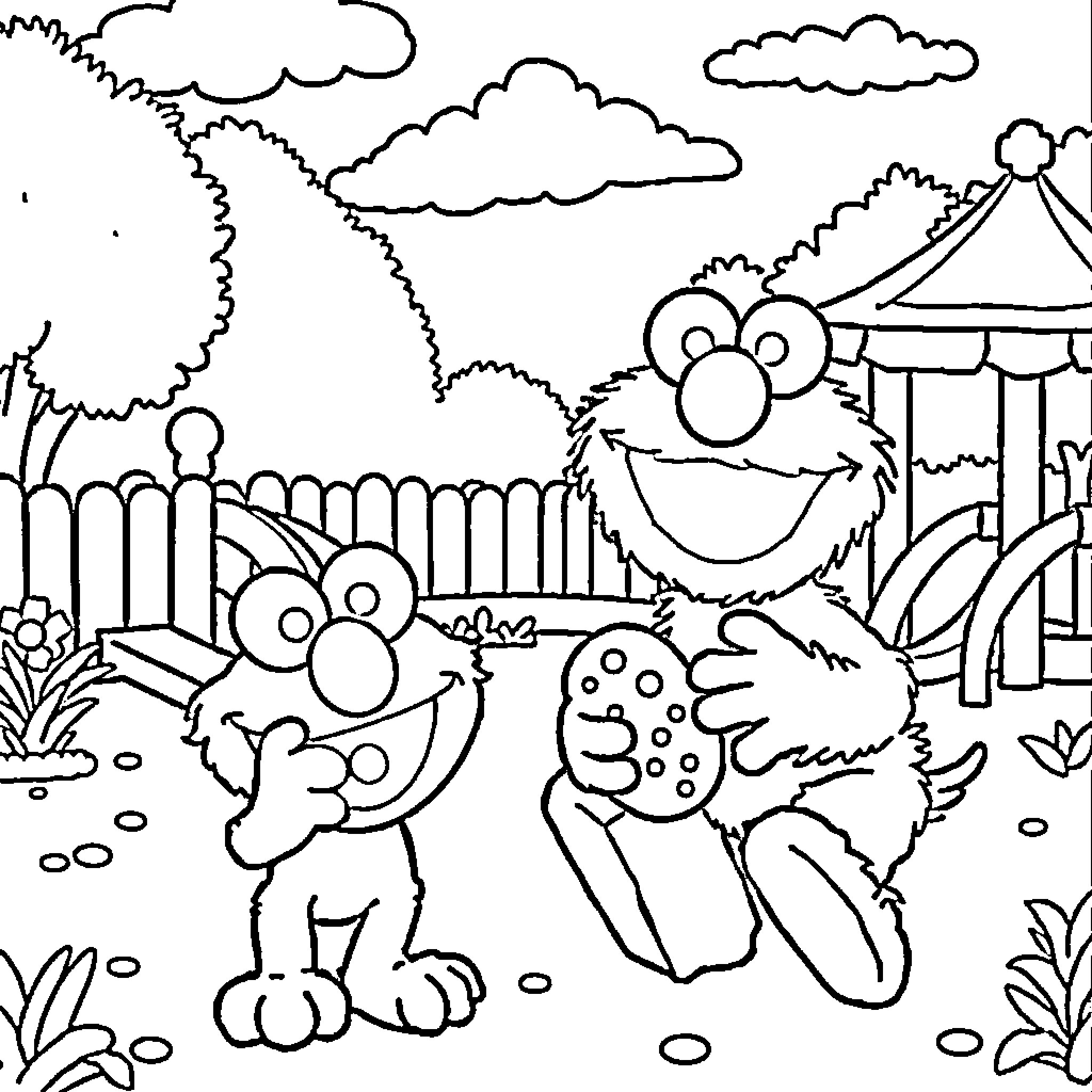 Elmo and Friends Playing in a Colorful Park Coloring Page (free black-and-white line drawing printable PDF for all, from beginners to advanced learners, including children, teens, adults, and seniors)