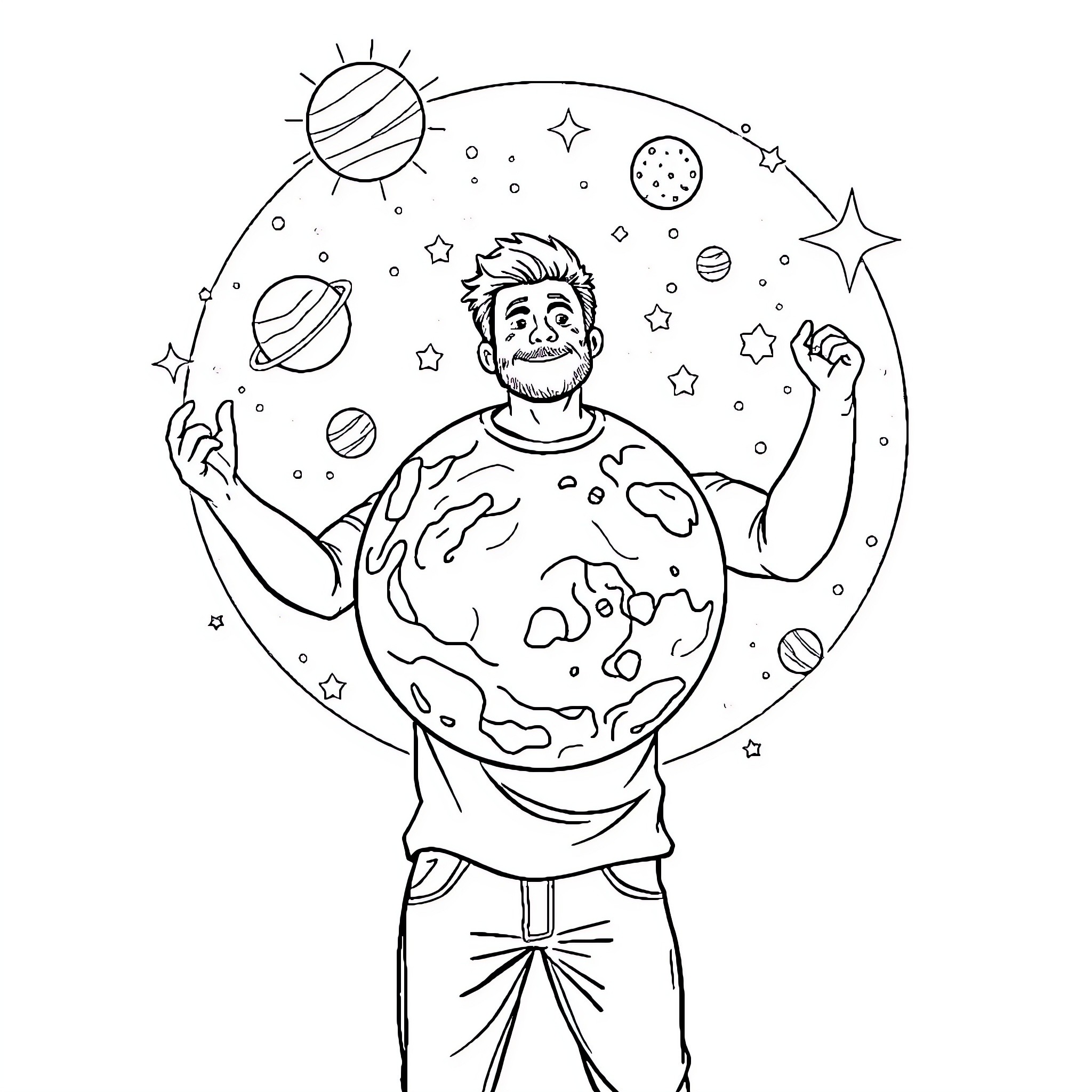 Man exploring the wonders of the universe Coloring Page (free black-and-white line drawing printable PDF for all, from beginners to advanced learners, including children, teens, adults, and seniors)