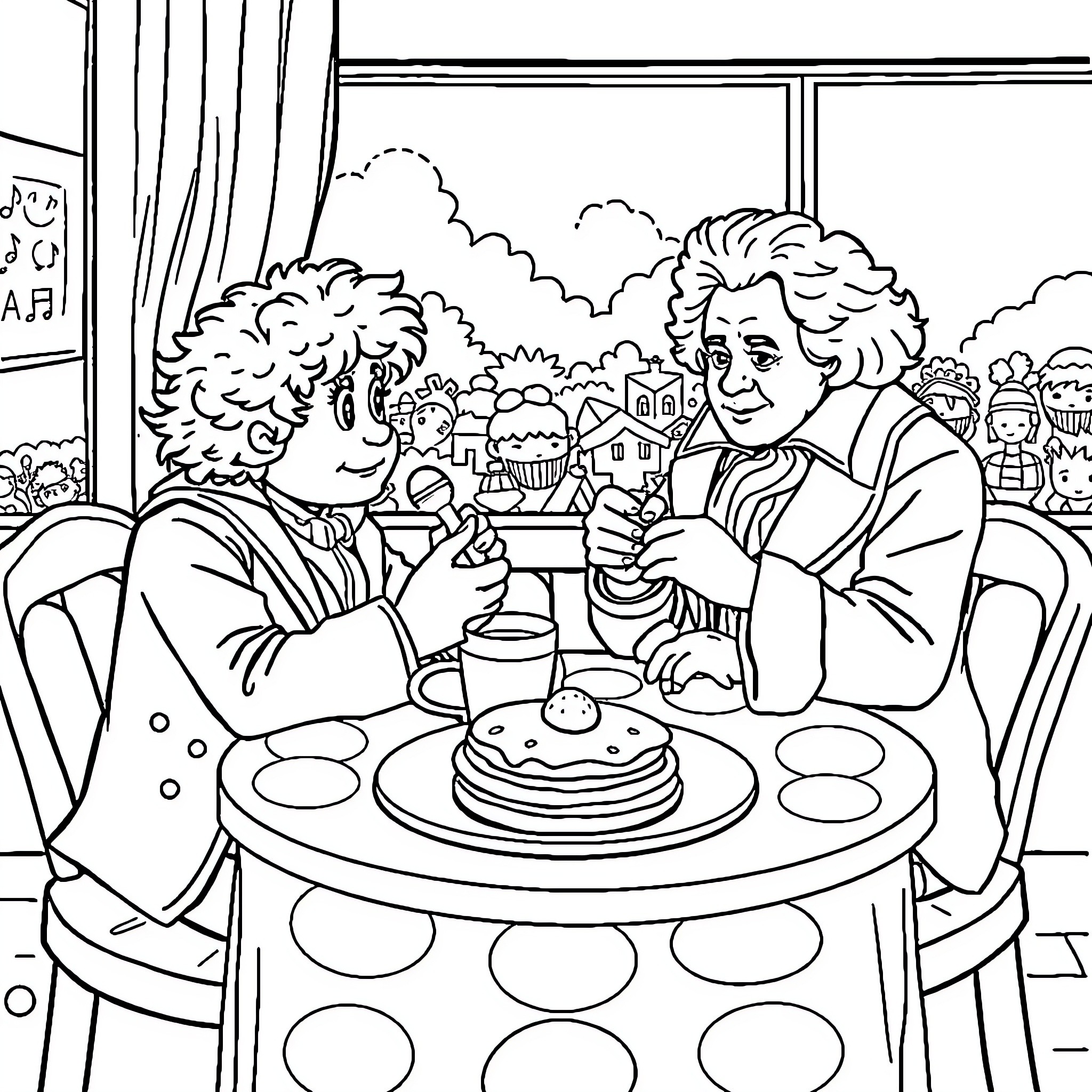 Nardwuar enjoying a friendly meal with colorful companion Coloring Page (free black-and-white line drawing printable PDF for all, from beginners to advanced learners, including children, teens, adults, and seniors)