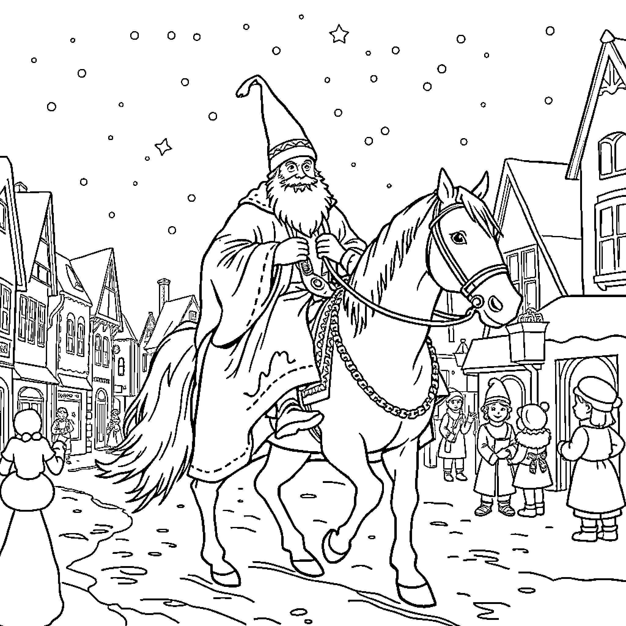 Sinterklaas riding his horse through a snowy village Coloring Page (free black-and-white line drawing printable PDF for all, from beginners to advanced learners, including children, teens, adults, and seniors)