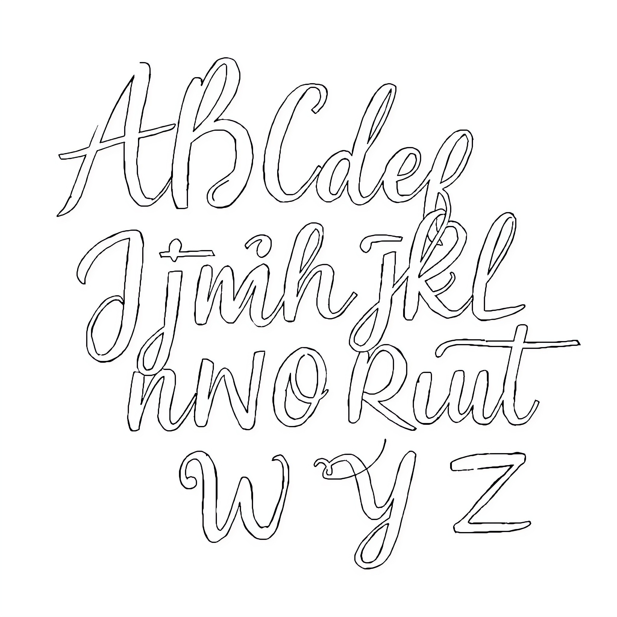 Alphabet styled with creative calligraphic lettering Coloring Page (free black-and-white line drawing printable PDF for all, from beginners to advanced learners, including children, teens, adults, and seniors)