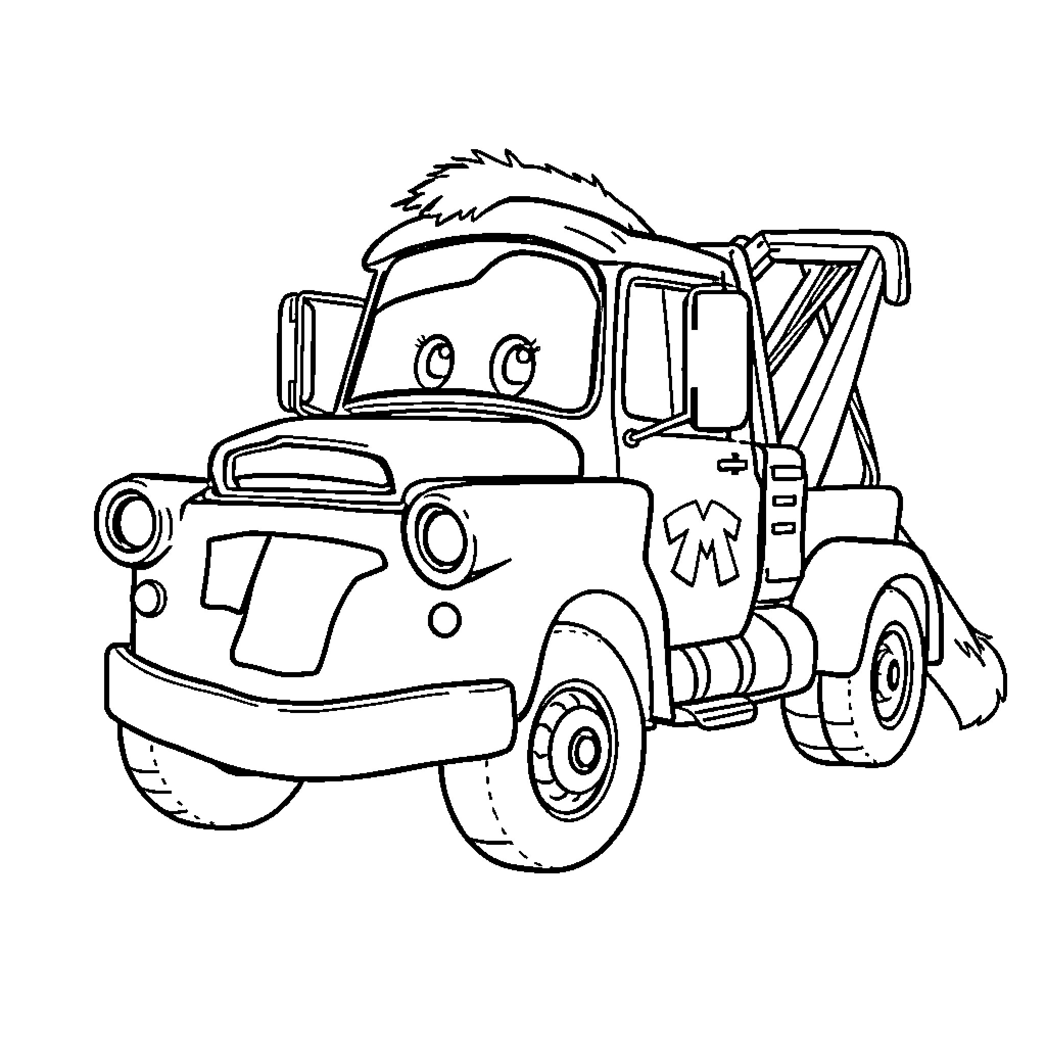 Tow Mater the Friendly Tow Truck Coloring Page (free black-and-white line drawing printable PDF for all, from beginners to advanced learners, including children, teens, adults, and seniors)