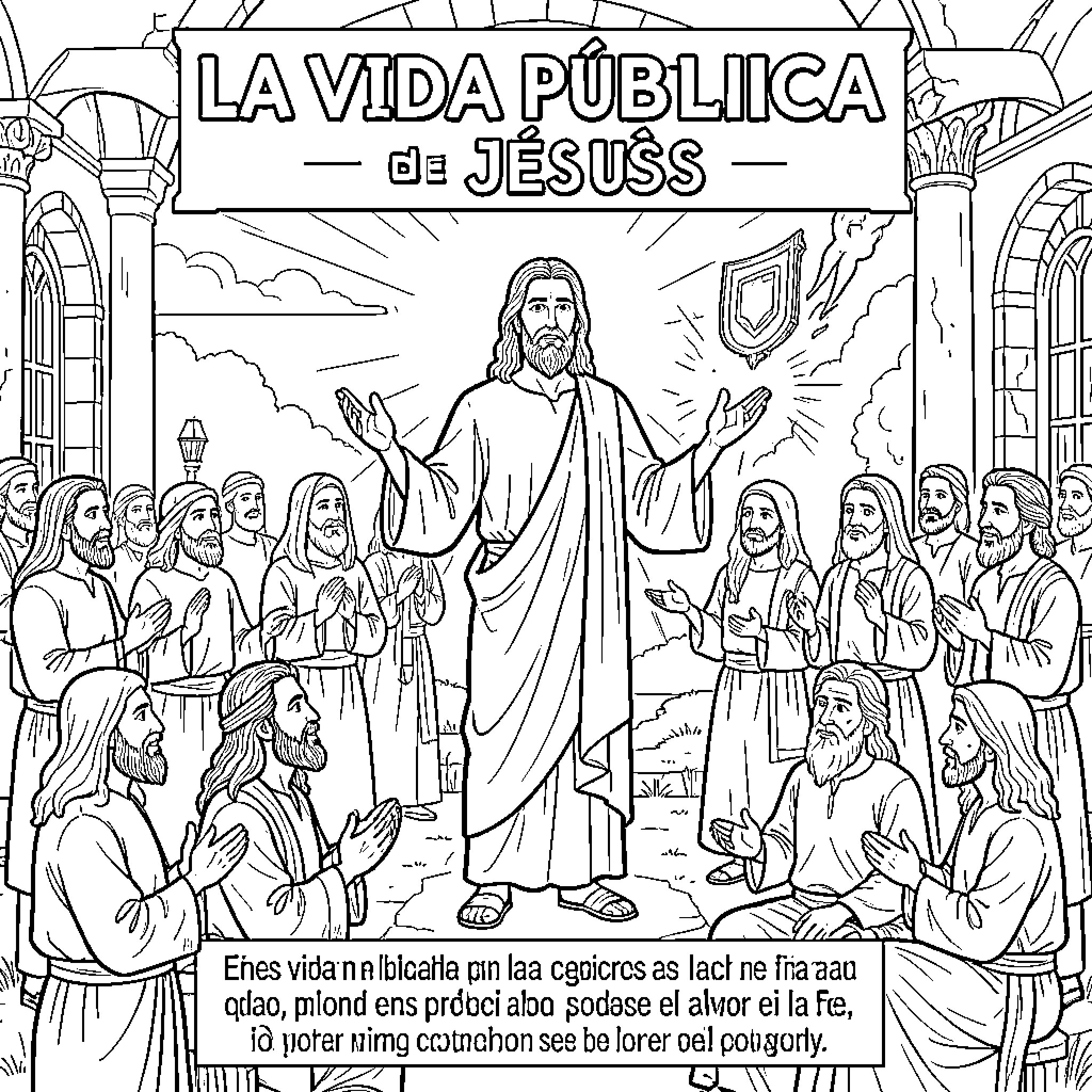 Jesus preaching to a crowd of followers Coloring Page (free black-and-white line drawing printable PDF for all, from beginners to advanced learners, including children, teens, adults, and seniors)