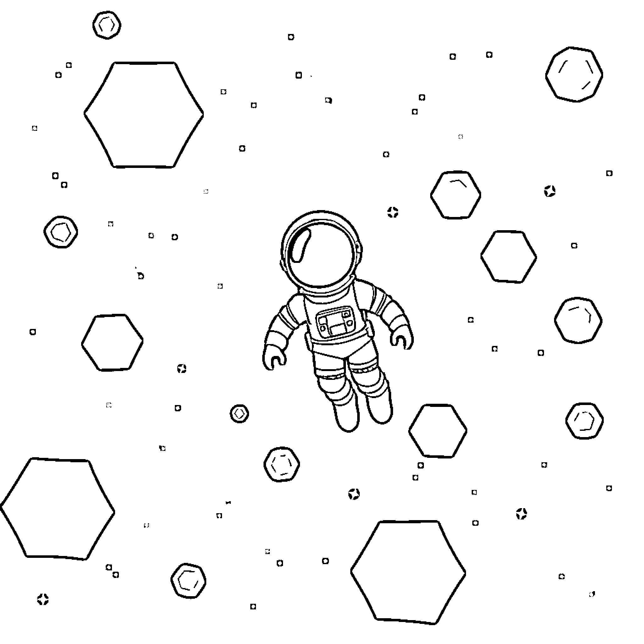 Astronaut floating in a cosmic landscape Coloring Page (free black-and-white line drawing printable PDF for all, from beginners to advanced learners, including children, teens, adults, and seniors)