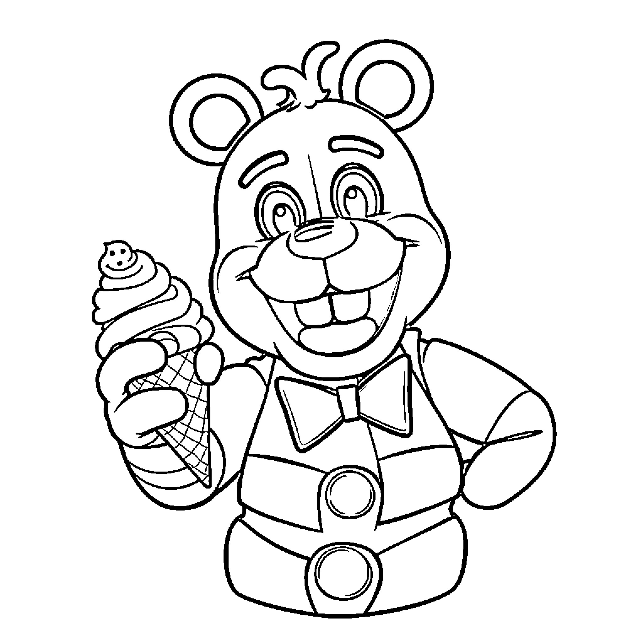 Freddyfazbear with ice cream cone Coloring Page (free black-and-white line drawing printable PDF for all, from beginners to advanced learners, including children, teens, adults, and seniors)