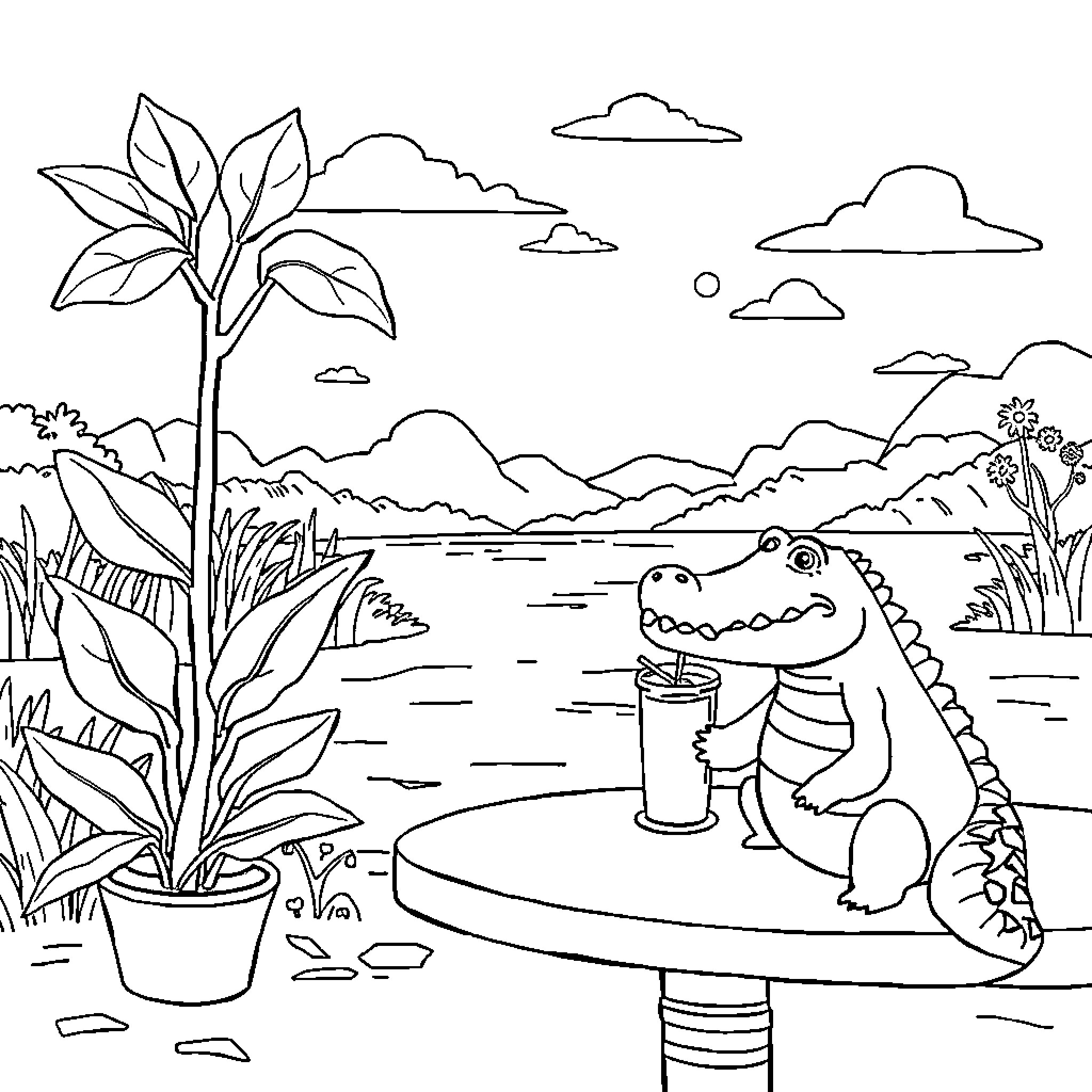 Cocodrilo enjoying the outdoor landscape Coloring Page (free black-and-white line drawing printable PDF for all, from beginners to advanced learners, including children, teens, adults, and seniors)