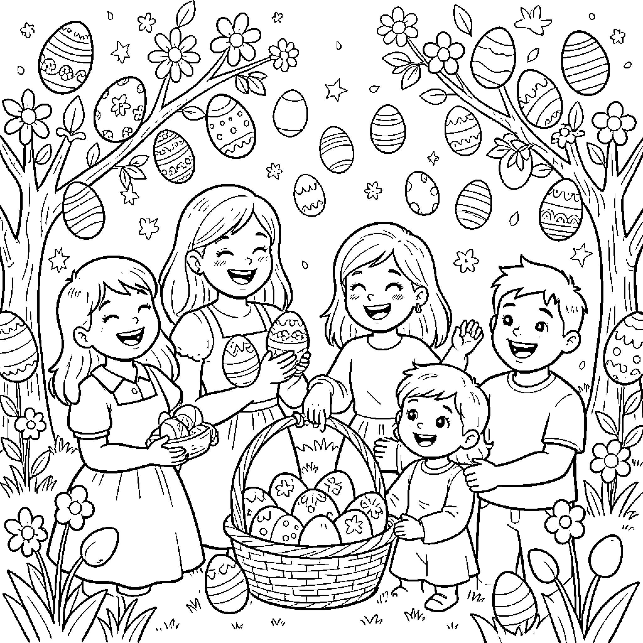 Easter Celebration with Family and Decorations Coloring Page (free black-and-white line drawing printable PDF for all, from beginners to advanced learners, including children, teens, adults, and seniors)