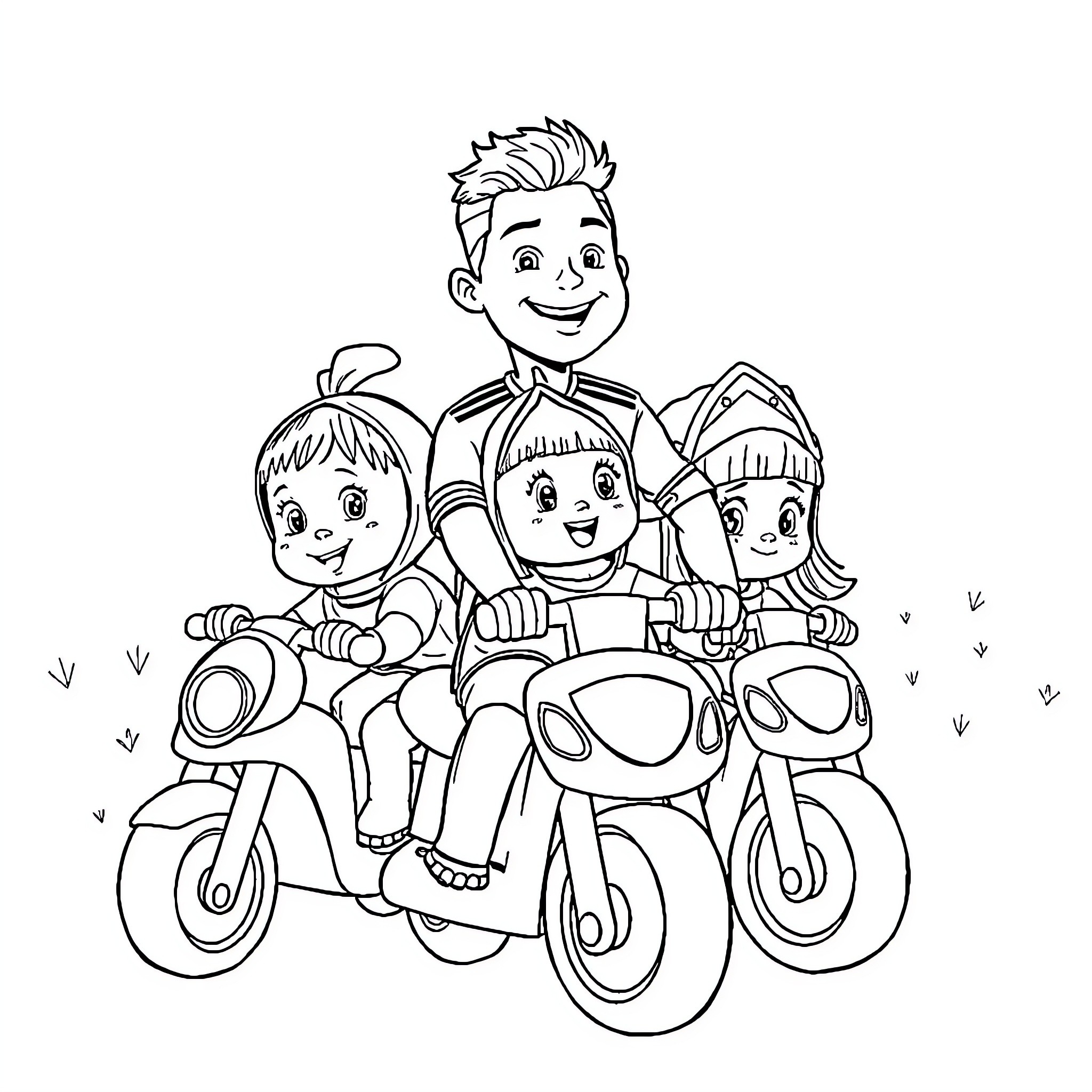 Christiano Ronaldo Riding Motorcycles with Family Coloring Page (free black-and-white line drawing printable PDF for all, from beginners to advanced learners, including children, teens, adults, and seniors)