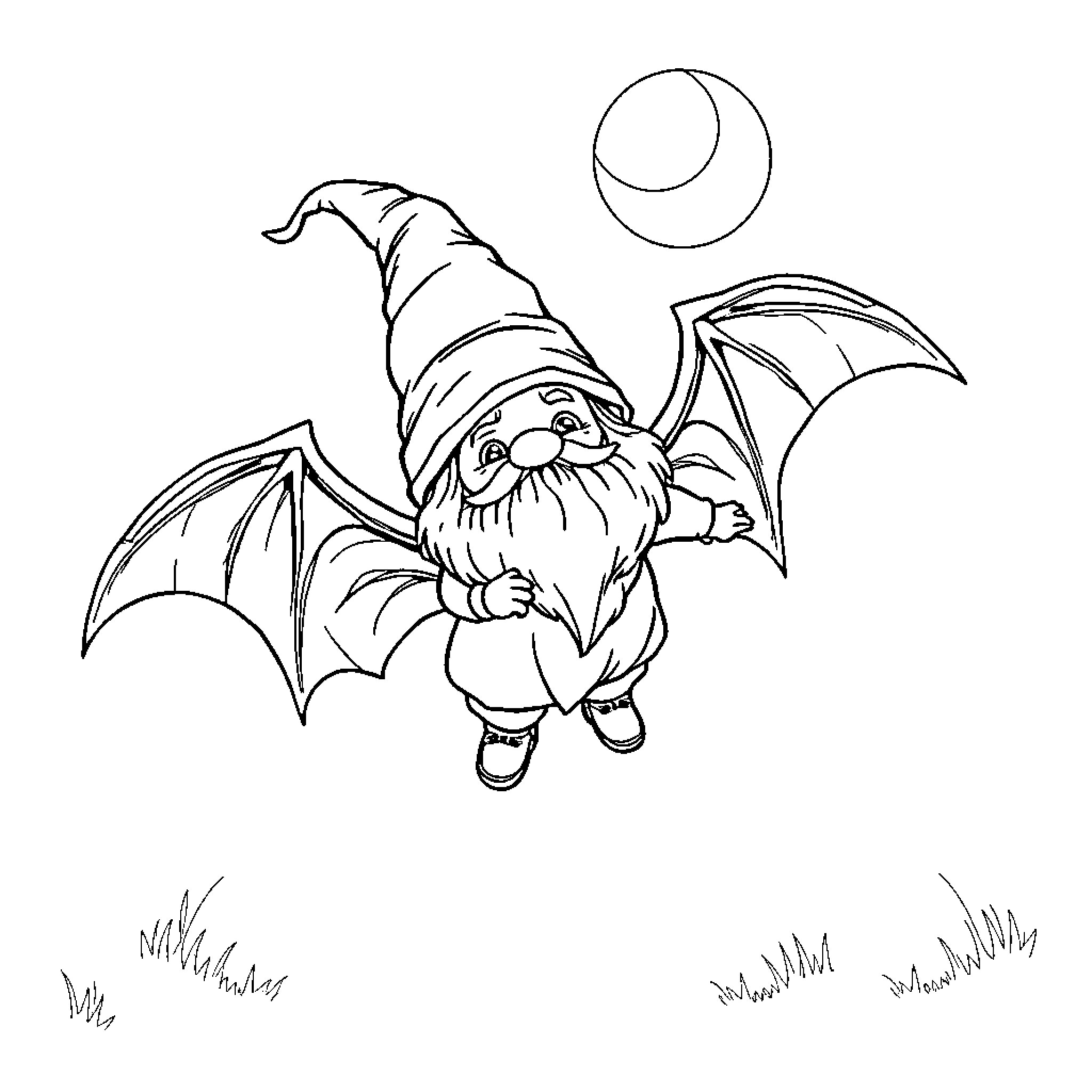 Vampire Gnome flying under the moonlight Coloring Page (free black-and-white line drawing printable PDF for all, from beginners to advanced learners, including children, teens, adults, and seniors)