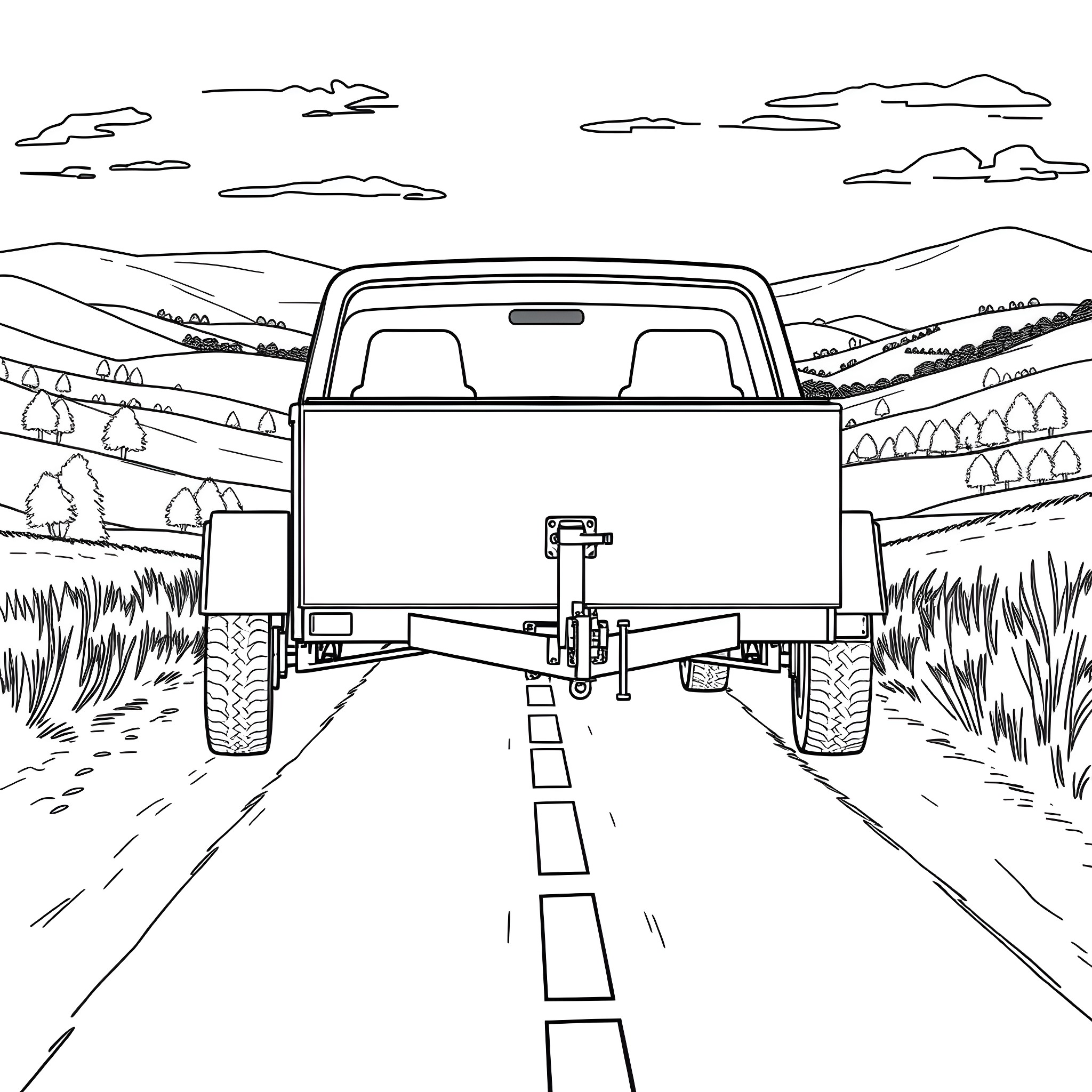 Car Trailer Transporting Cargo on a Scenic Rural Road Coloring Page (free black-and-white line drawing printable PDF for all, from beginners to advanced learners, including children, teens, adults, and seniors)
