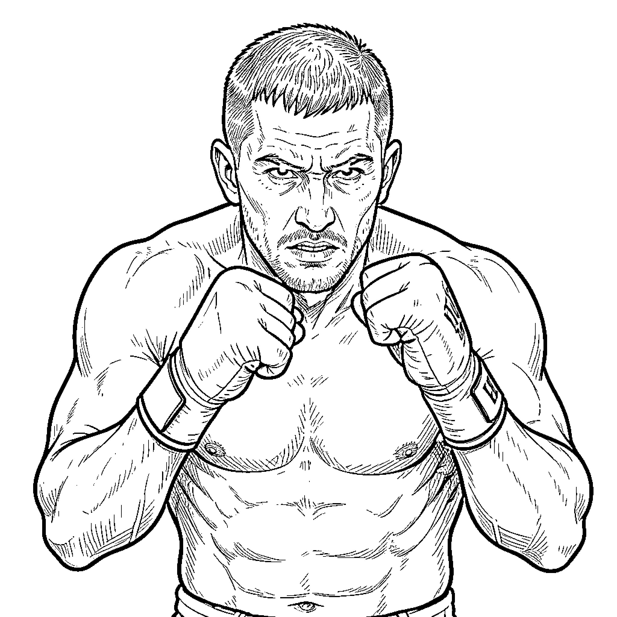 Khabib in fighting stance, ready for action Coloring Page (free black-and-white line drawing printable PDF for all, from beginners to advanced learners, including children, teens, adults, and seniors)