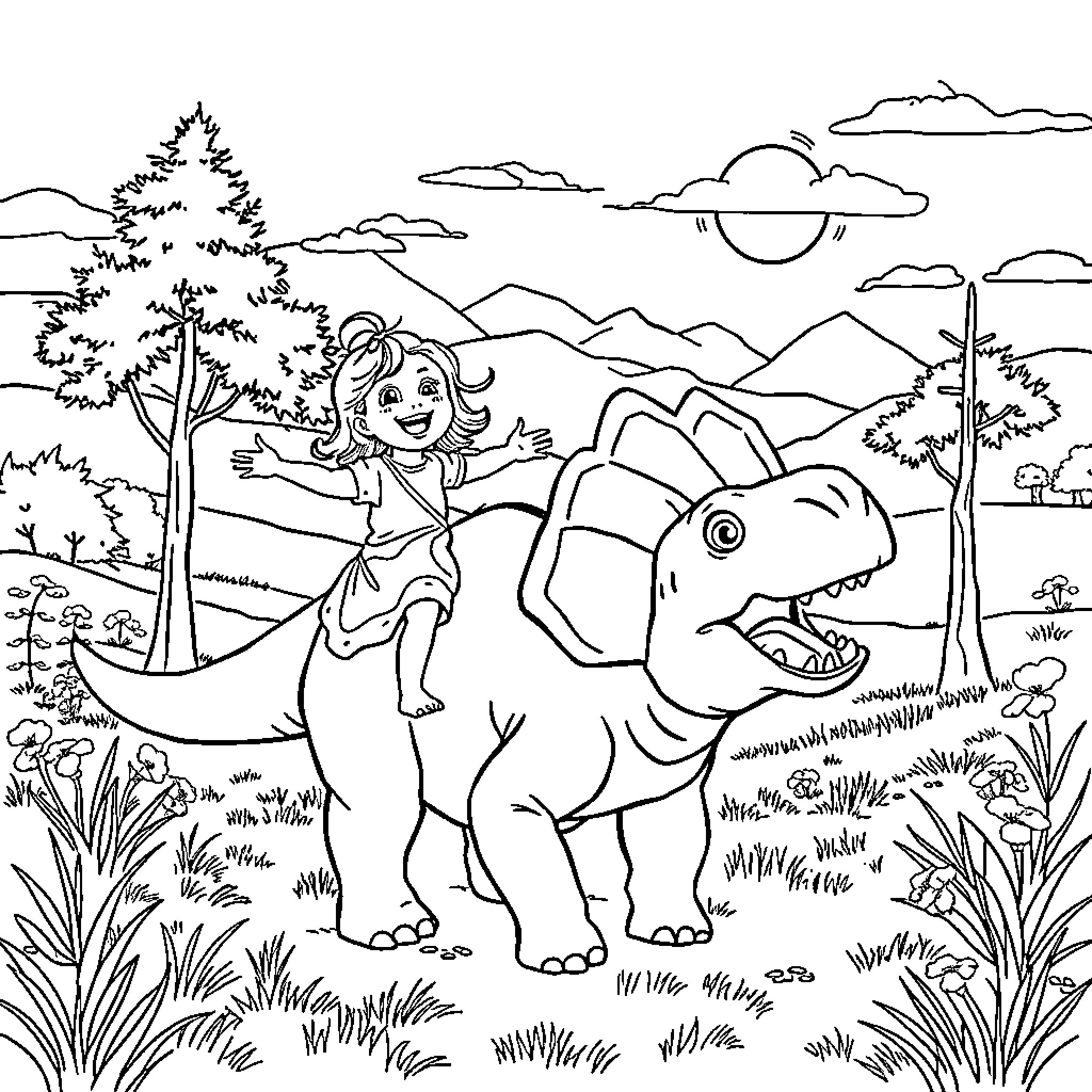 Triceratops and child exploring the prehistoric landscape Coloring Page (free black-and-white line drawing printable PDF for all, from beginners to advanced learners, including children, teens, adults, and seniors)