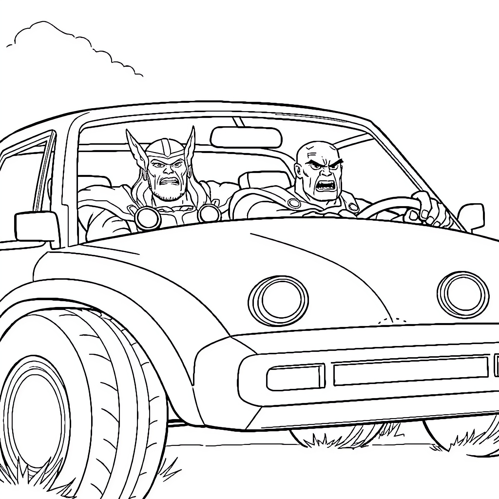 Thor and Hulk riding in a car together Coloring Page (free black-and-white line drawing printable PDF for all, from beginners to advanced learners, including children, teens, adults, and seniors)