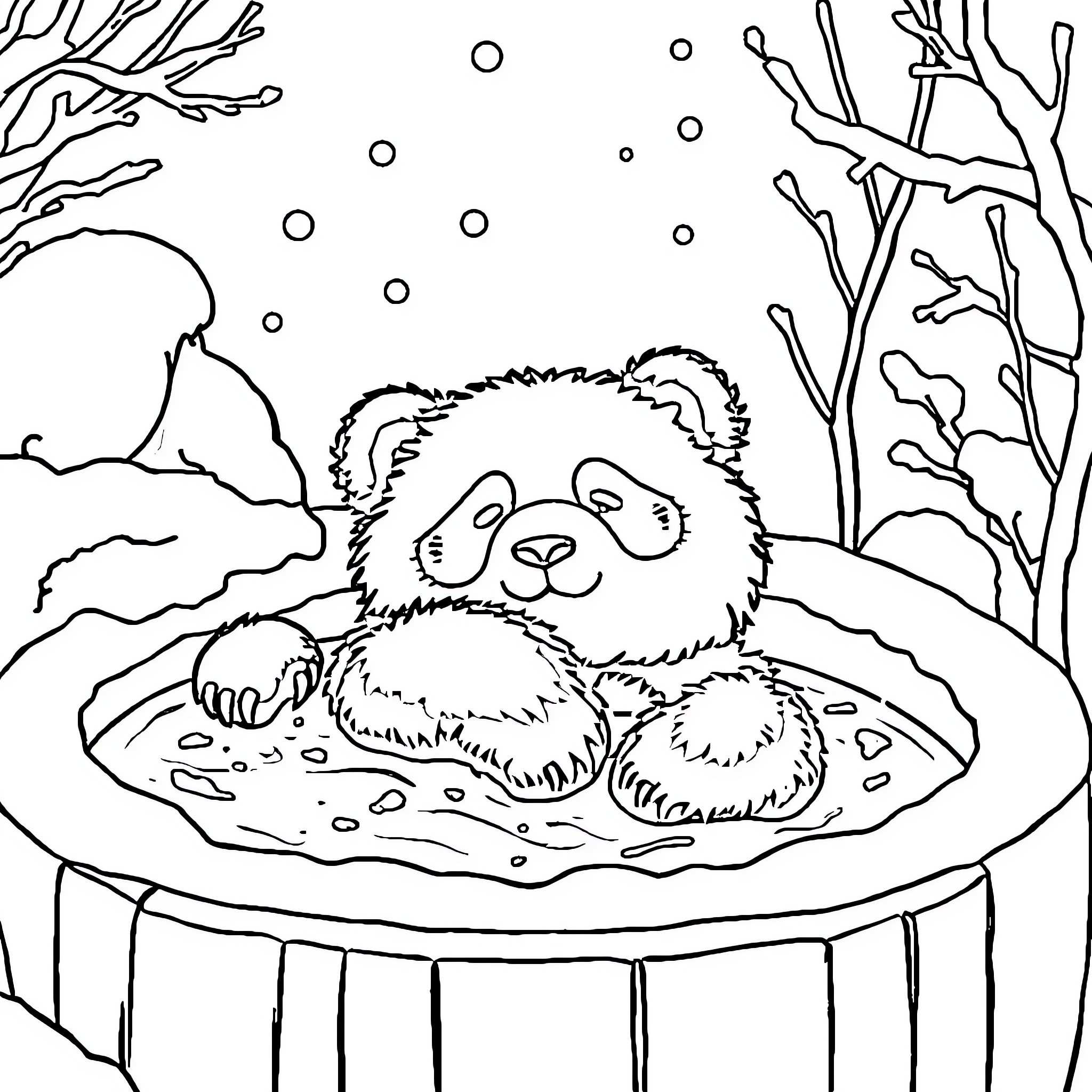 Panda relaxing in the snow-covered forest Coloring Page (free black-and-white line drawing printable PDF for all, from beginners to advanced learners, including children, teens, adults, and seniors)