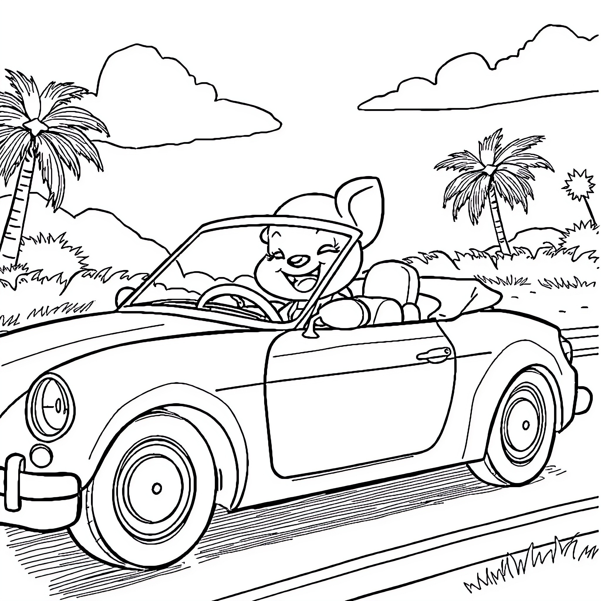 Bluey's fun beach drive in classic car Coloring Page (free black-and-white line drawing printable PDF for all, from beginners to advanced learners, including children, teens, adults, and seniors)