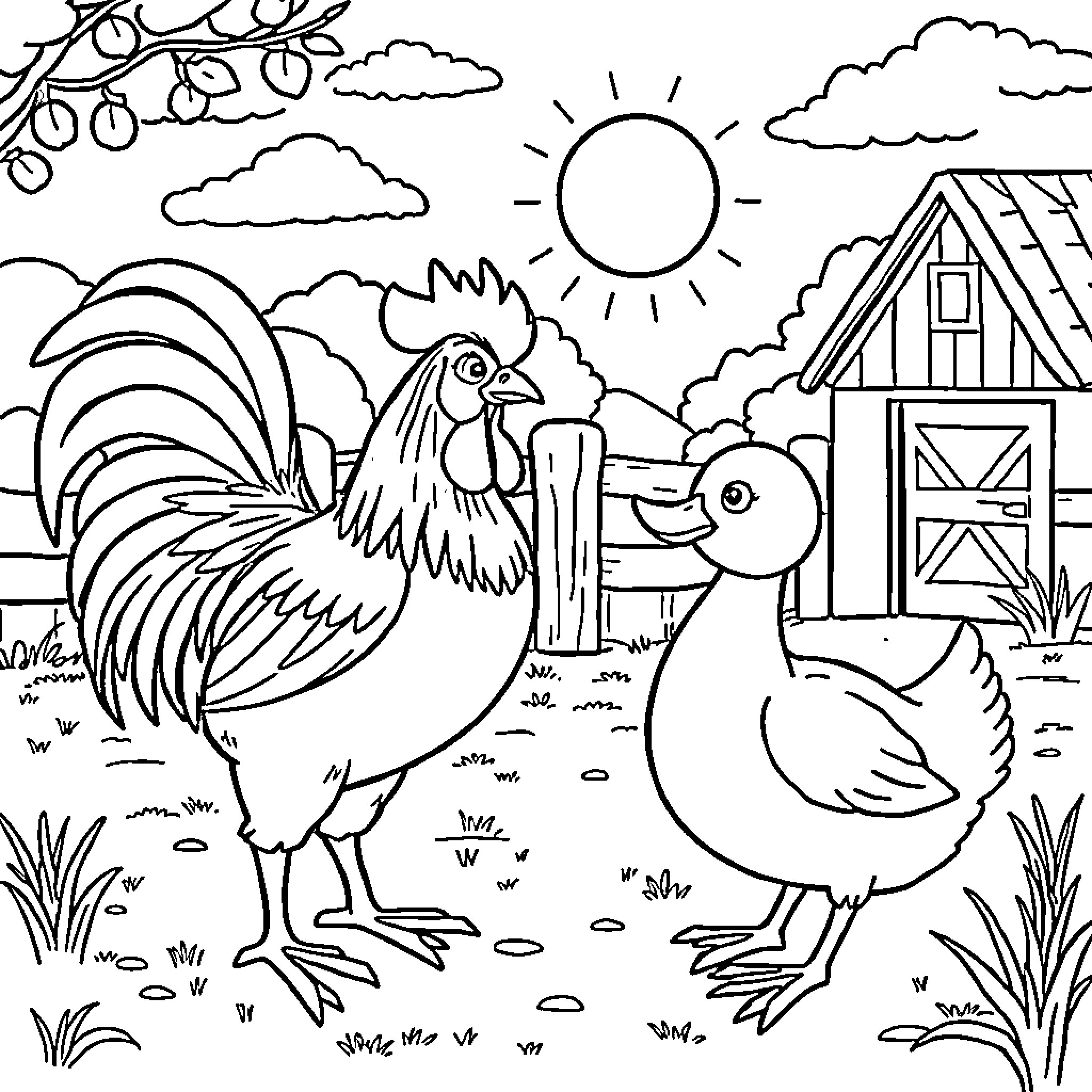 Rooster and ducklings on a farm scene Coloring Page (free black-and-white line drawing printable PDF for all, from beginners to advanced learners, including children, teens, adults, and seniors)