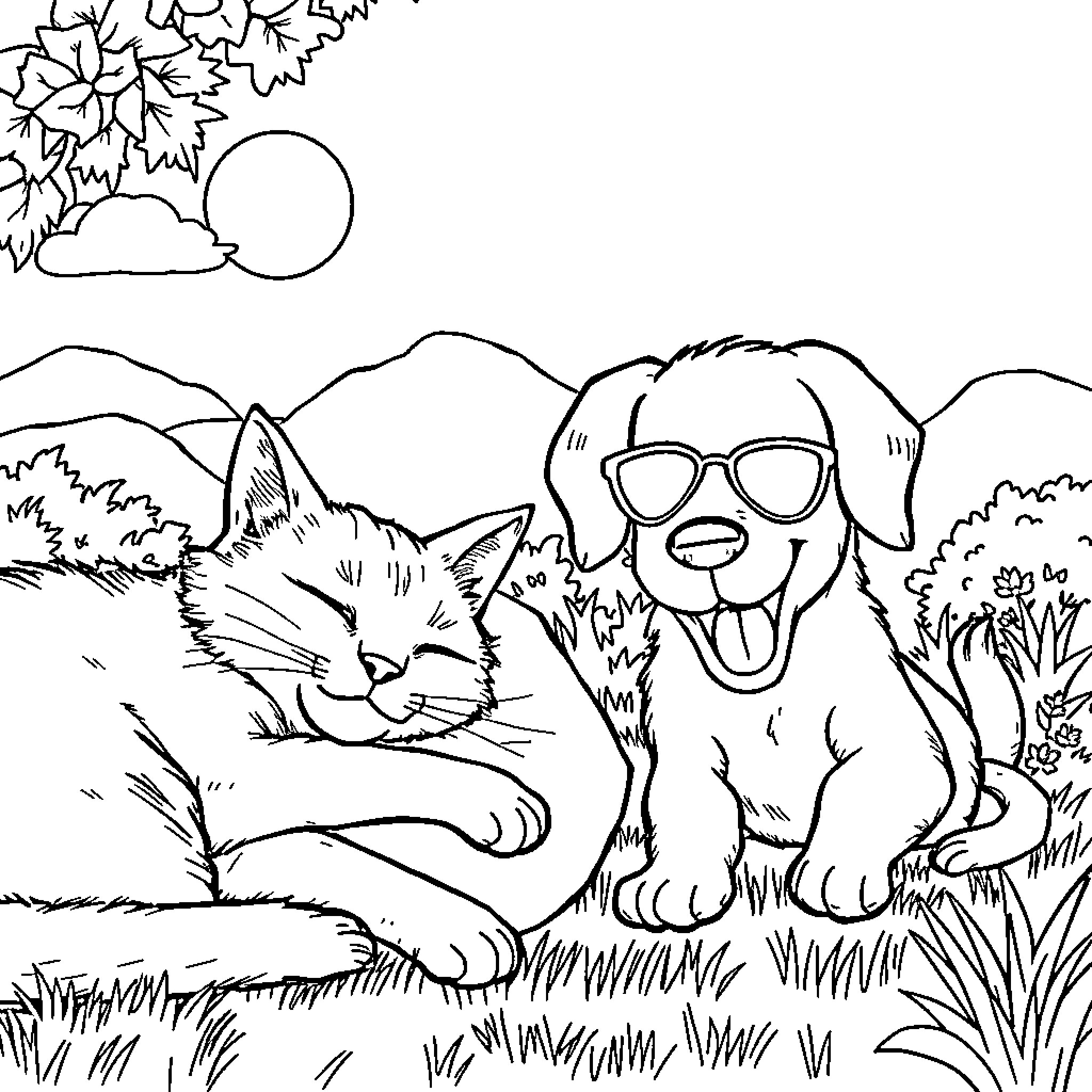 Cat and dog playing together in nature Coloring Page (free black-and-white line drawing printable PDF for all, from beginners to advanced learners, including children, teens, adults, and seniors)