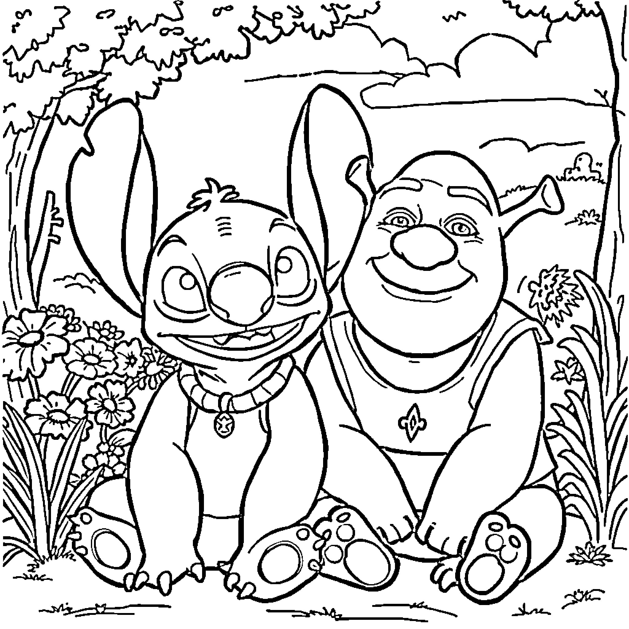 Stitch and Olaf Enjoying Nature's Beauty Coloring Page (free black-and-white line drawing printable PDF for all, from beginners to advanced learners, including children, teens, adults, and seniors)