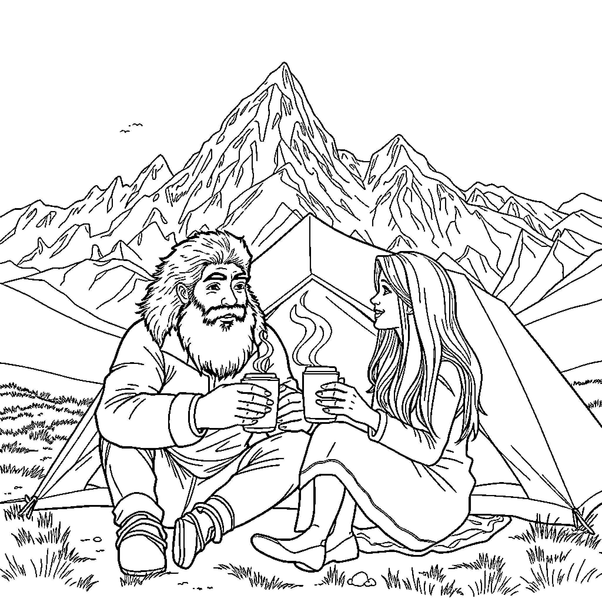 Couple enjoying the scenic mountain view Coloring Page (free black-and-white line drawing printable PDF for all, from beginners to advanced learners, including children, teens, adults, and seniors)