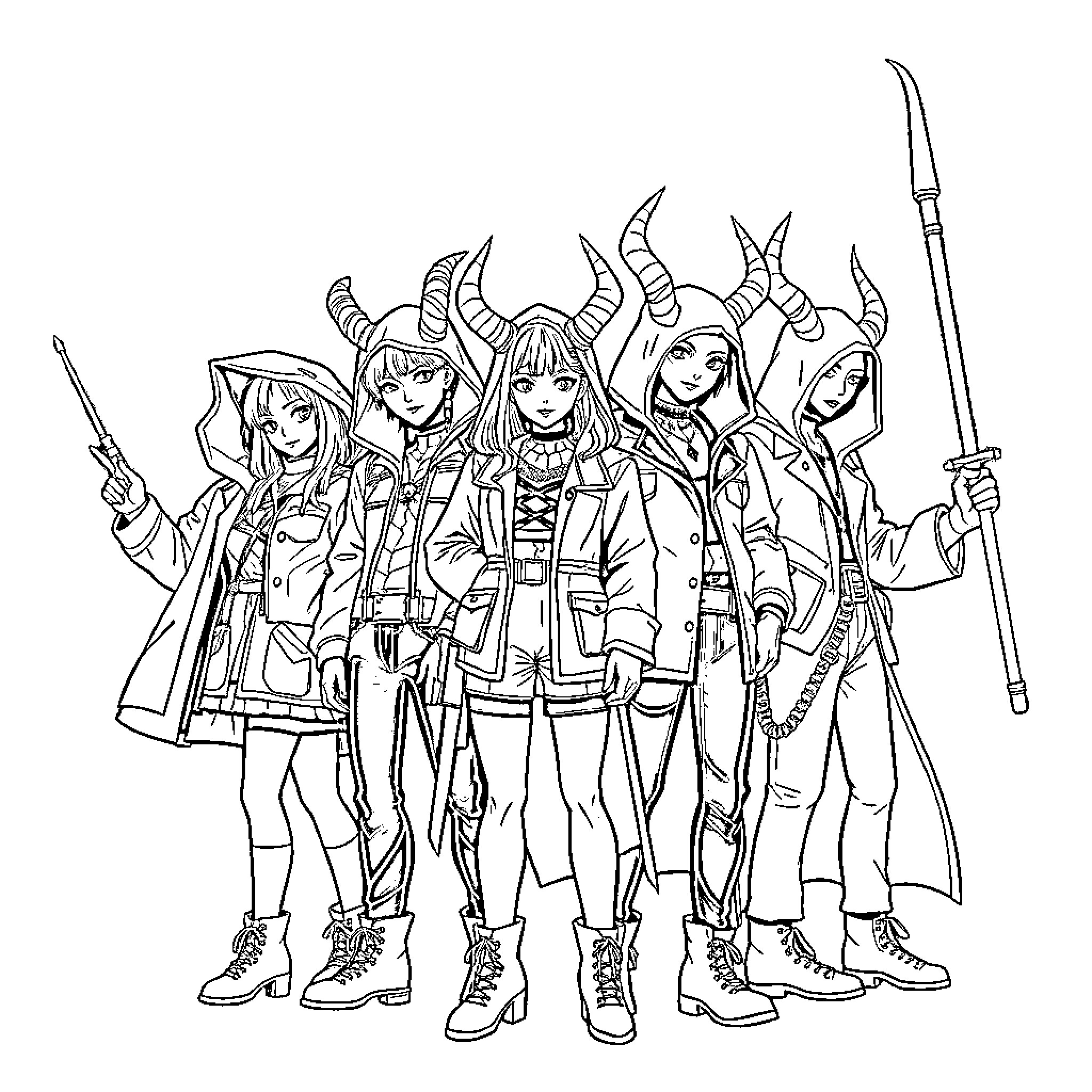 Demon Hunters in Action Poses with Weapons Coloring Page (free black-and-white line drawing printable PDF for all, from beginners to advanced learners, including children, teens, adults, and seniors)