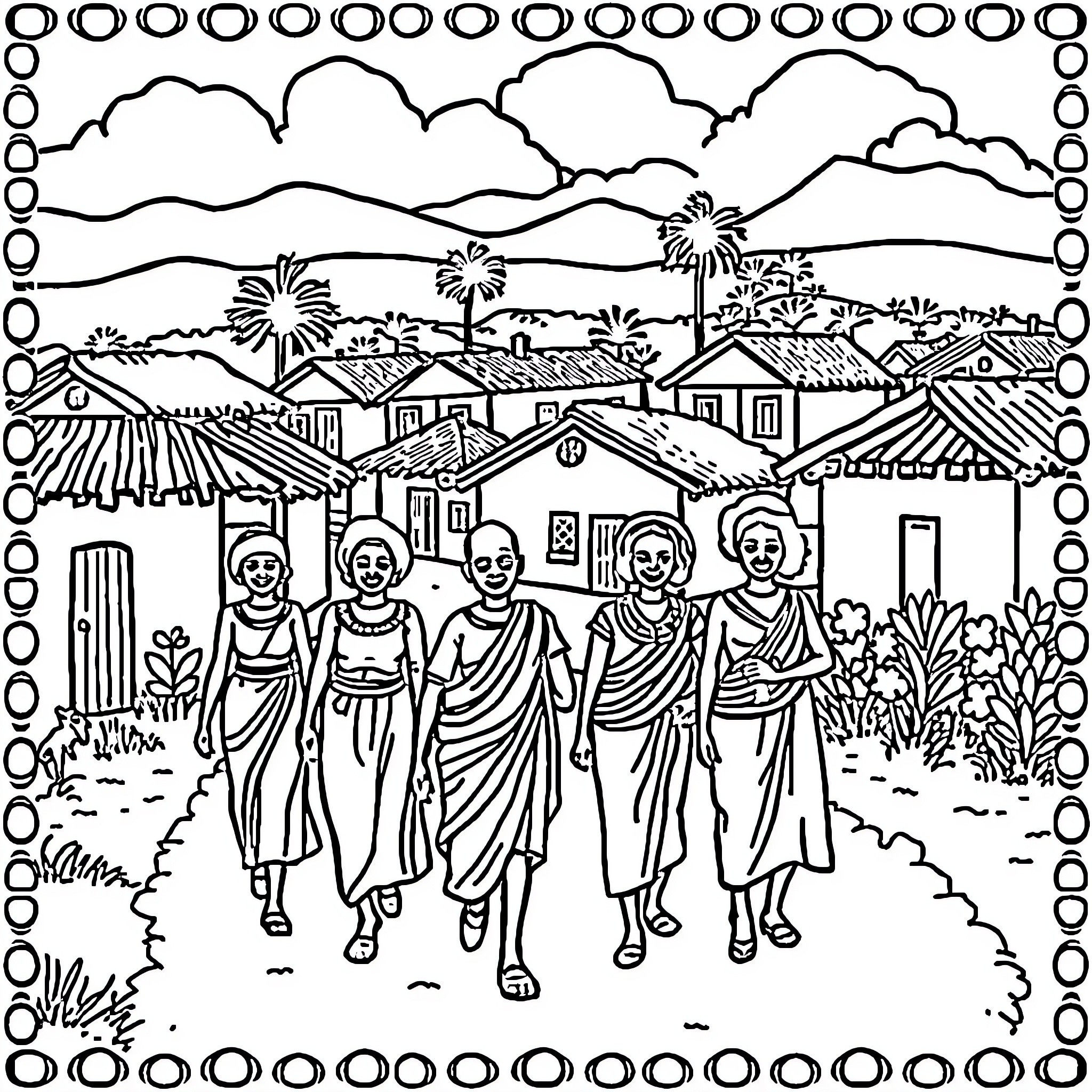 Village Scene with People Walking in Traditional Outfits Coloring Page (free black-and-white line drawing printable PDF for all, from beginners to advanced learners, including children, teens, adults, and seniors)